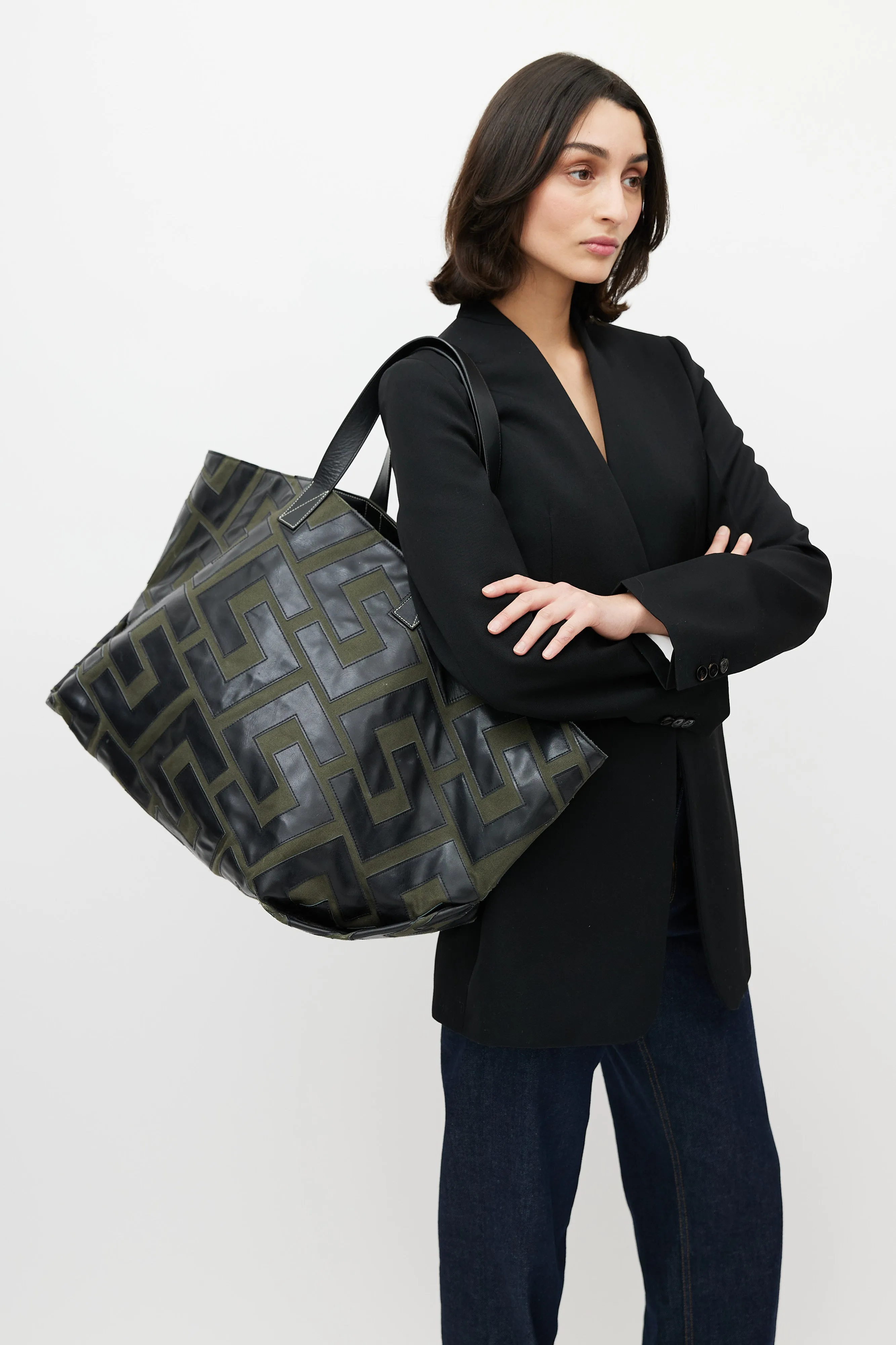 2018 Green & Black Logo Patchwork Medium Tote Bag