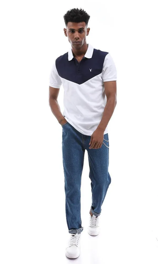94981 Elegant Turn Down Collar Bi-Tone Polo Shirt - White & Navy Blue