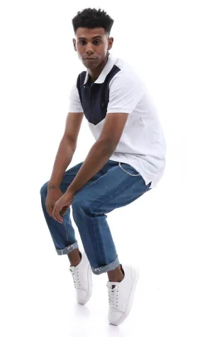 94981 Elegant Turn Down Collar Bi-Tone Polo Shirt - White & Navy Blue