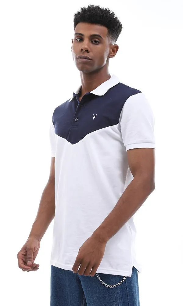94981 Elegant Turn Down Collar Bi-Tone Polo Shirt - White & Navy Blue