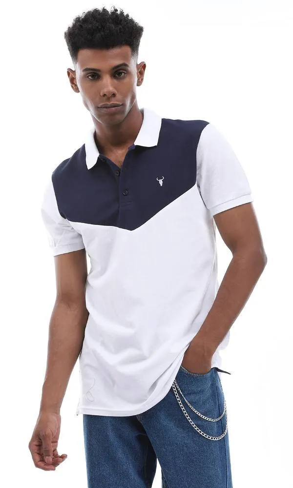 94981 Elegant Turn Down Collar Bi-Tone Polo Shirt - White & Navy Blue
