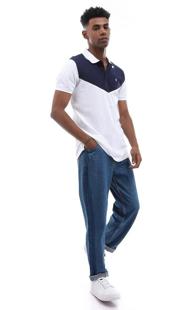 94981 Elegant Turn Down Collar Bi-Tone Polo Shirt - White & Navy Blue