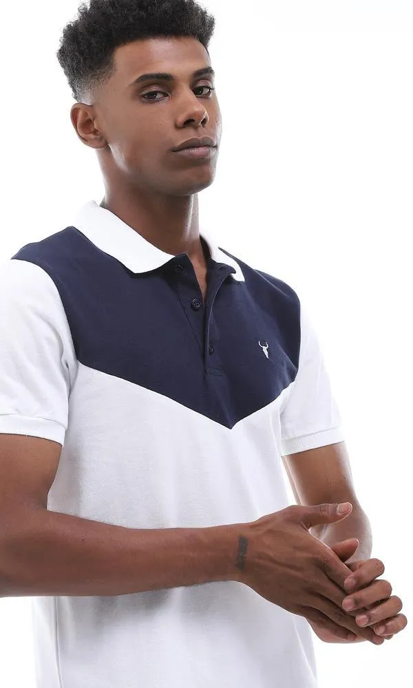 94981 Elegant Turn Down Collar Bi-Tone Polo Shirt - White & Navy Blue