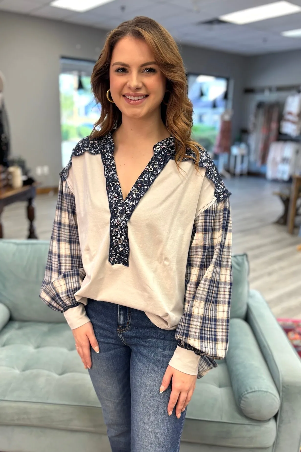 ARLETH Plaid Patchwork Top