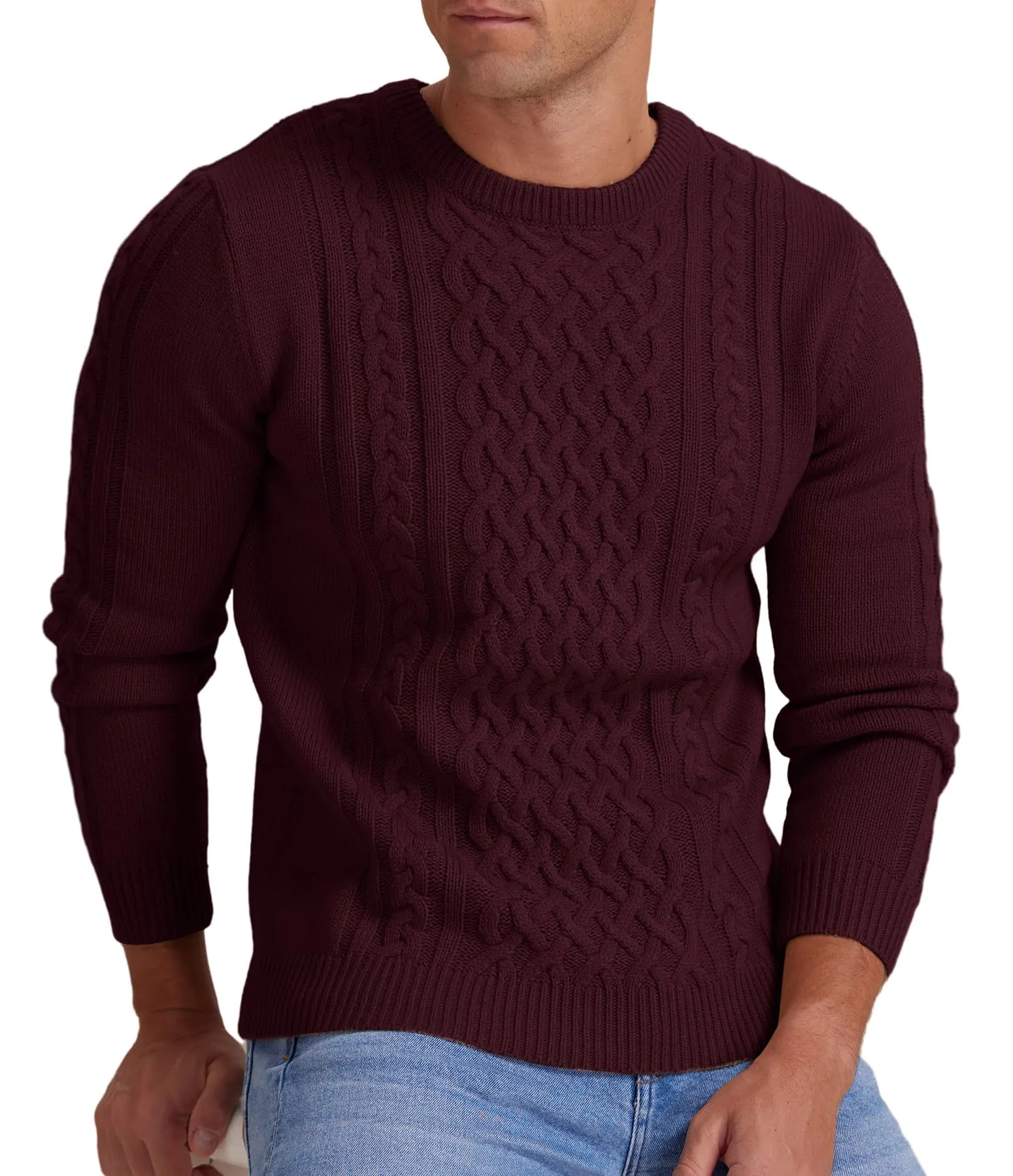 Askdeer Men's Fisherman Cable Crewneck Sweater Winter Casual Sweater for Men Knitted Pullover Sweaters with Ribbing Edge