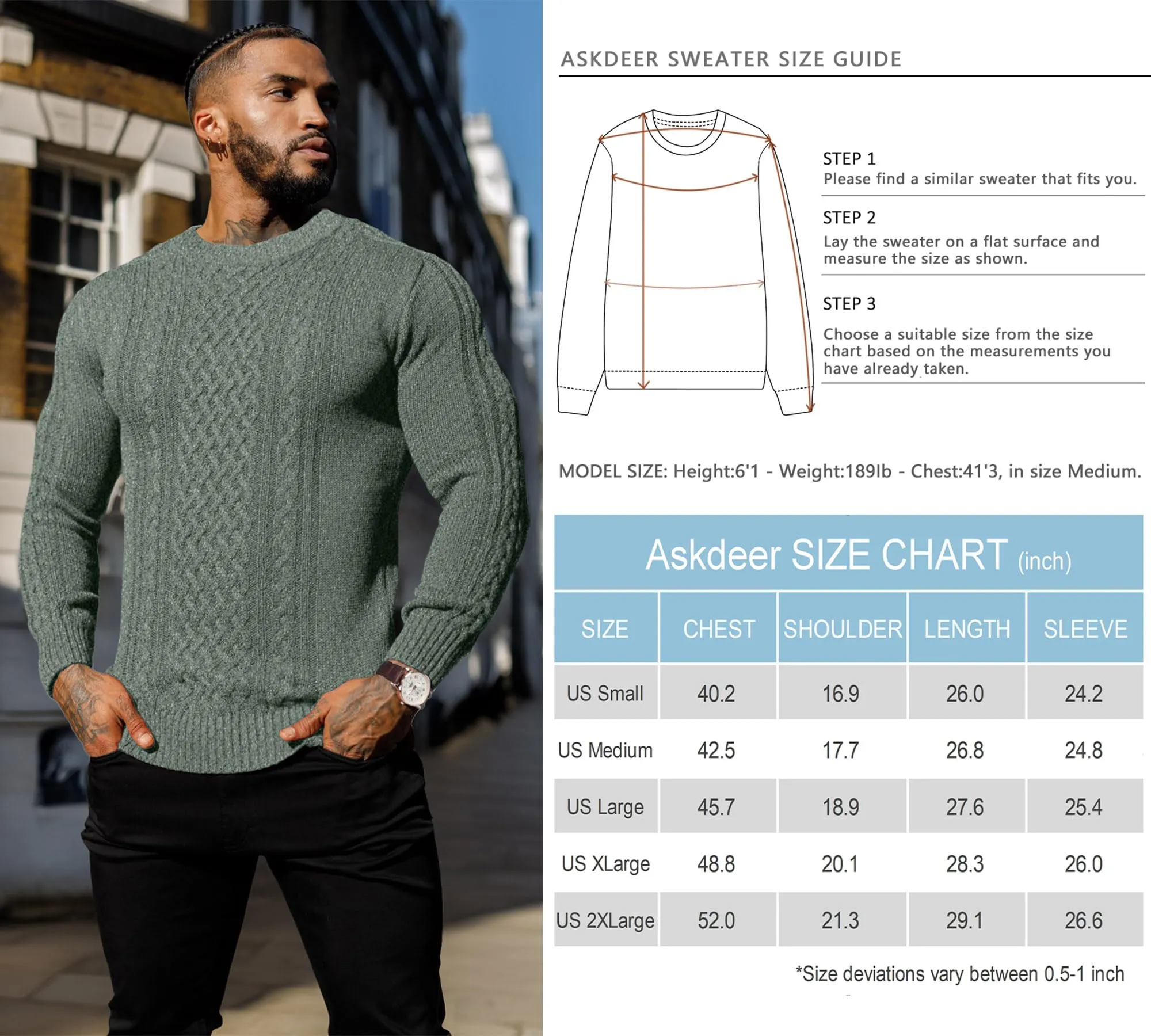 Askdeer Men's Fisherman Cable Crewneck Sweater Winter Casual Sweater for Men Knitted Pullover Sweaters with Ribbing Edge