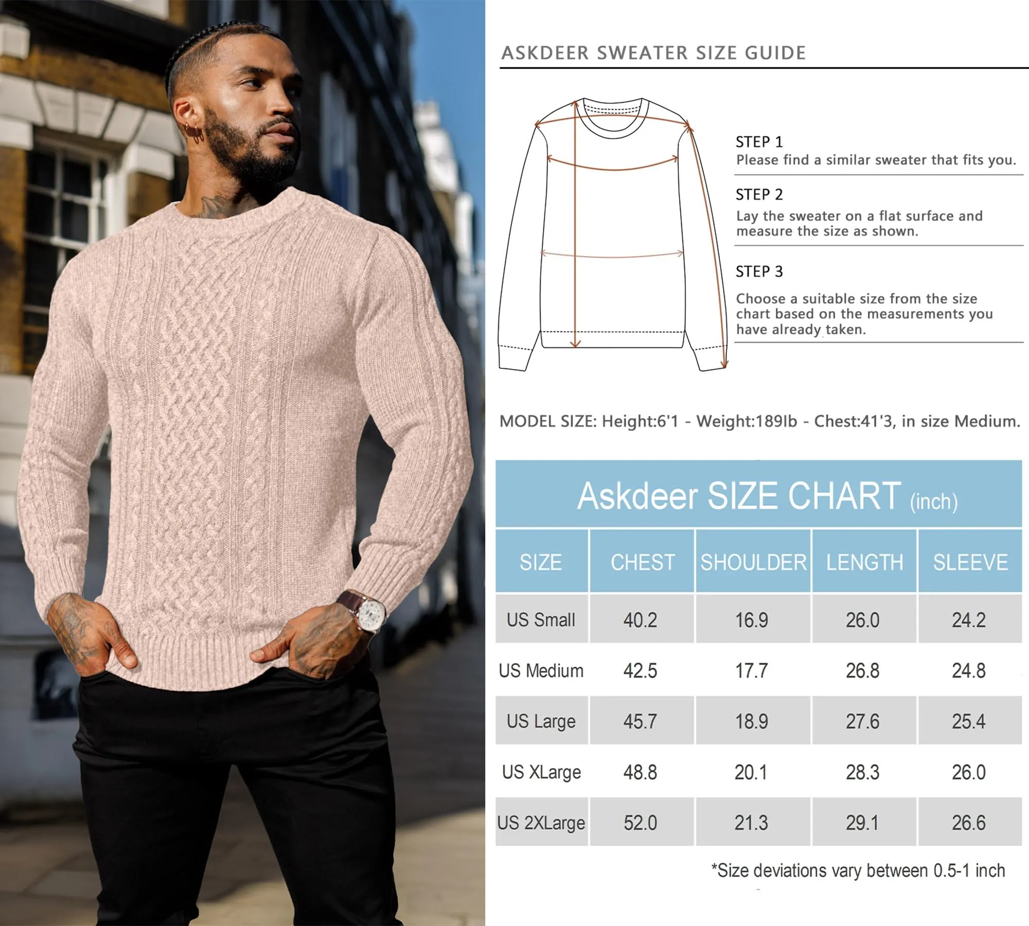 Askdeer Men's Fisherman Cable Crewneck Sweater Winter Casual Sweater for Men Knitted Pullover Sweaters with Ribbing Edge
