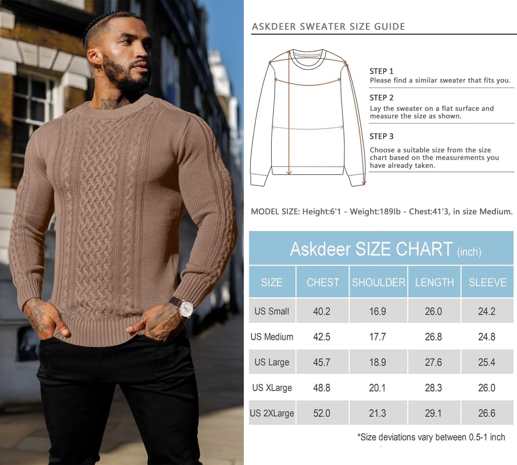 Askdeer Men's Fisherman Cable Crewneck Sweater Winter Casual Sweater for Men Knitted Pullover Sweaters with Ribbing Edge