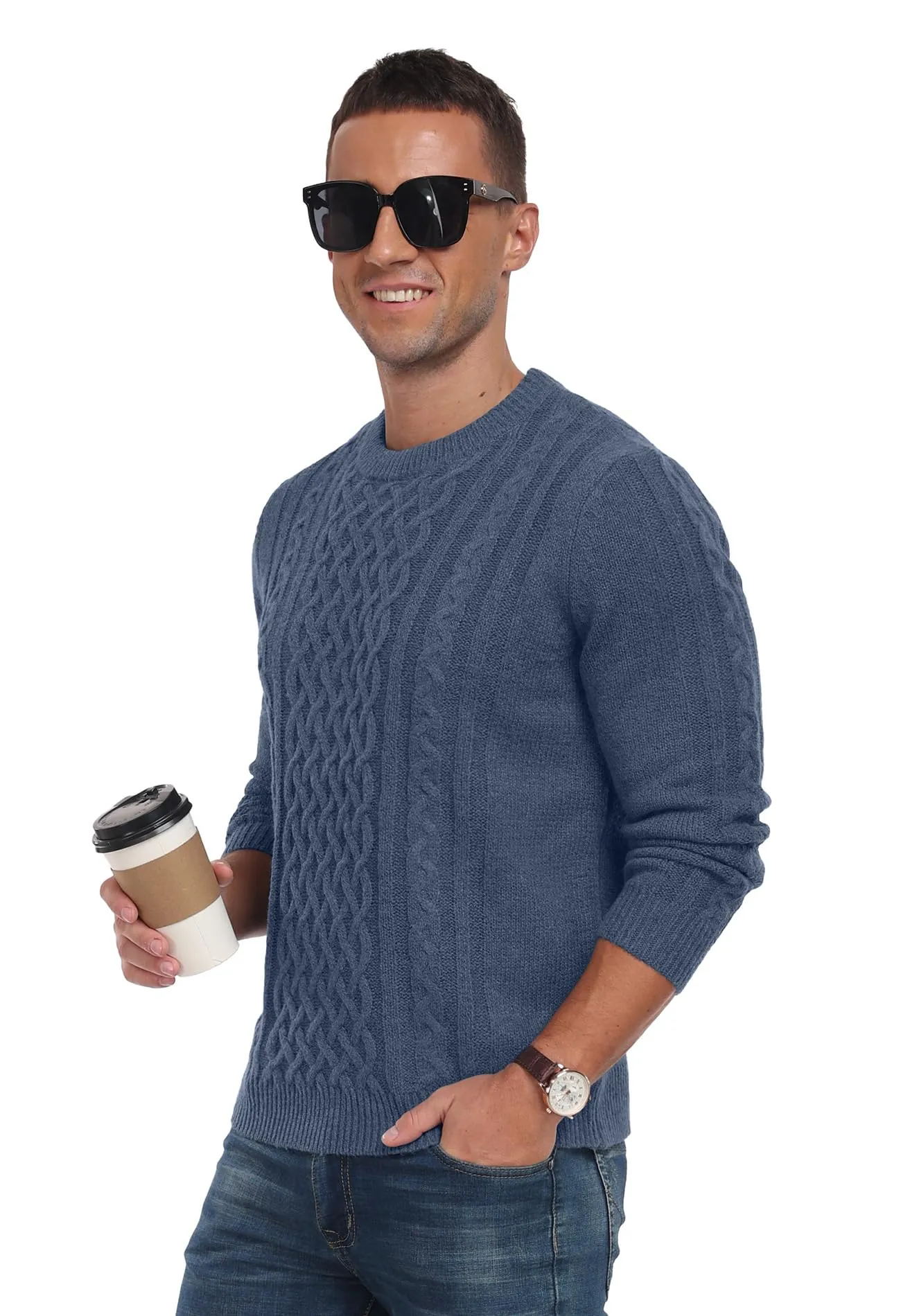 Askdeer Men's Fisherman Cable Crewneck Sweater Winter Casual Sweater for Men Knitted Pullover Sweaters with Ribbing Edge