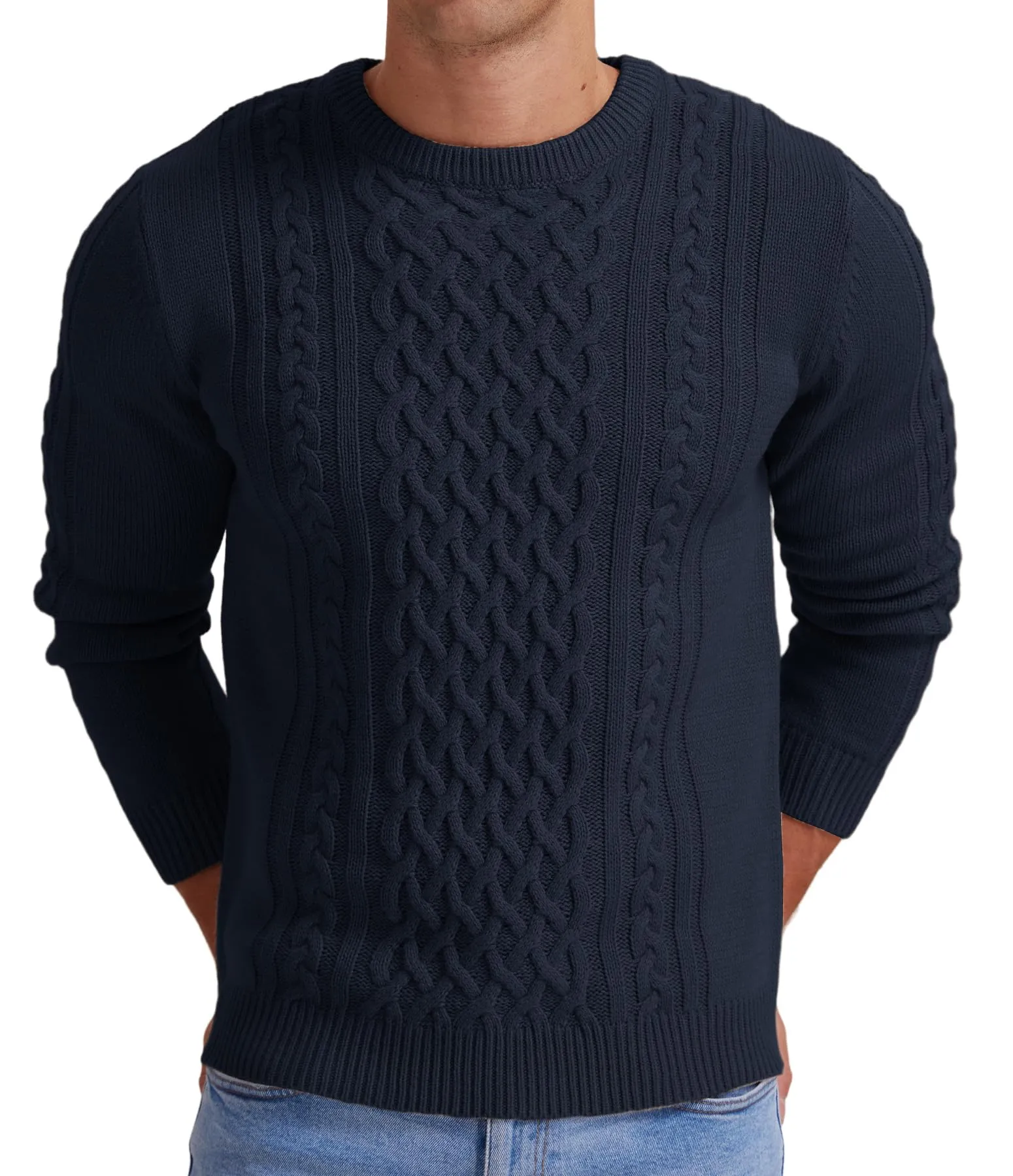 Askdeer Men's Fisherman Cable Crewneck Sweater Winter Casual Sweater for Men Knitted Pullover Sweaters with Ribbing Edge