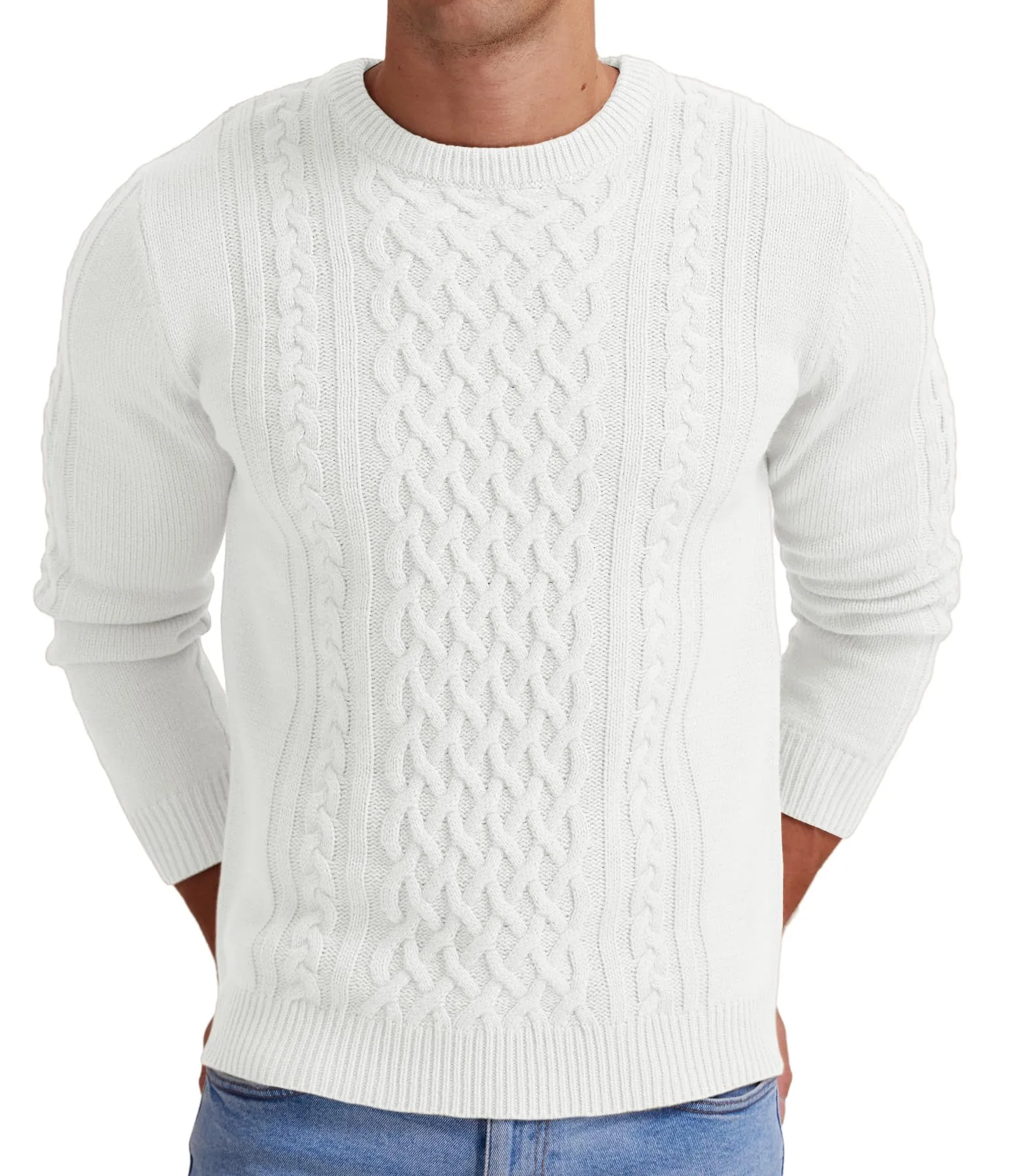 Askdeer Men's Fisherman Cable Crewneck Sweater Winter Casual Sweater for Men Knitted Pullover Sweaters with Ribbing Edge