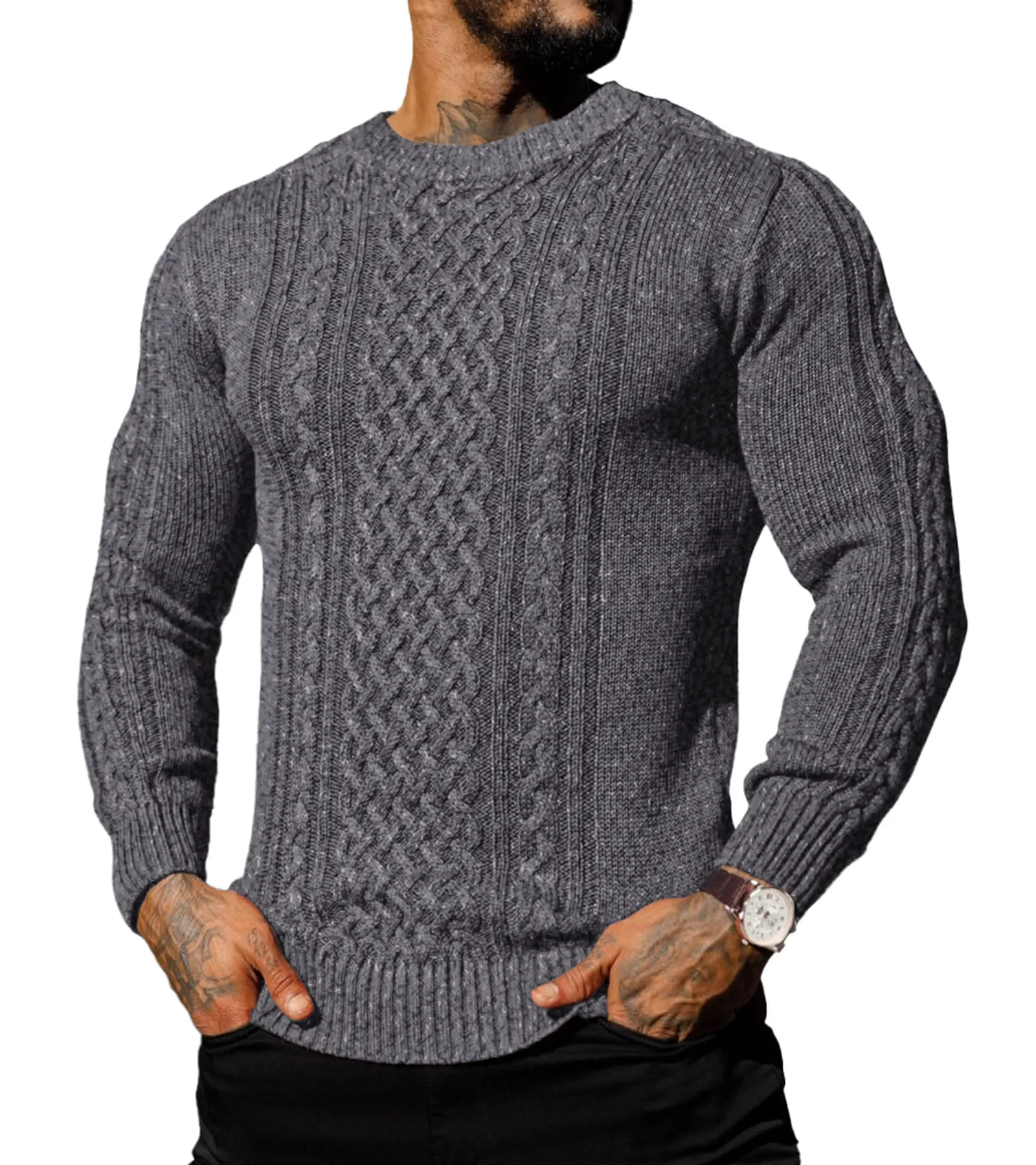 Askdeer Men's Fisherman Cable Crewneck Sweater Winter Casual Sweater for Men Knitted Pullover Sweaters with Ribbing Edge