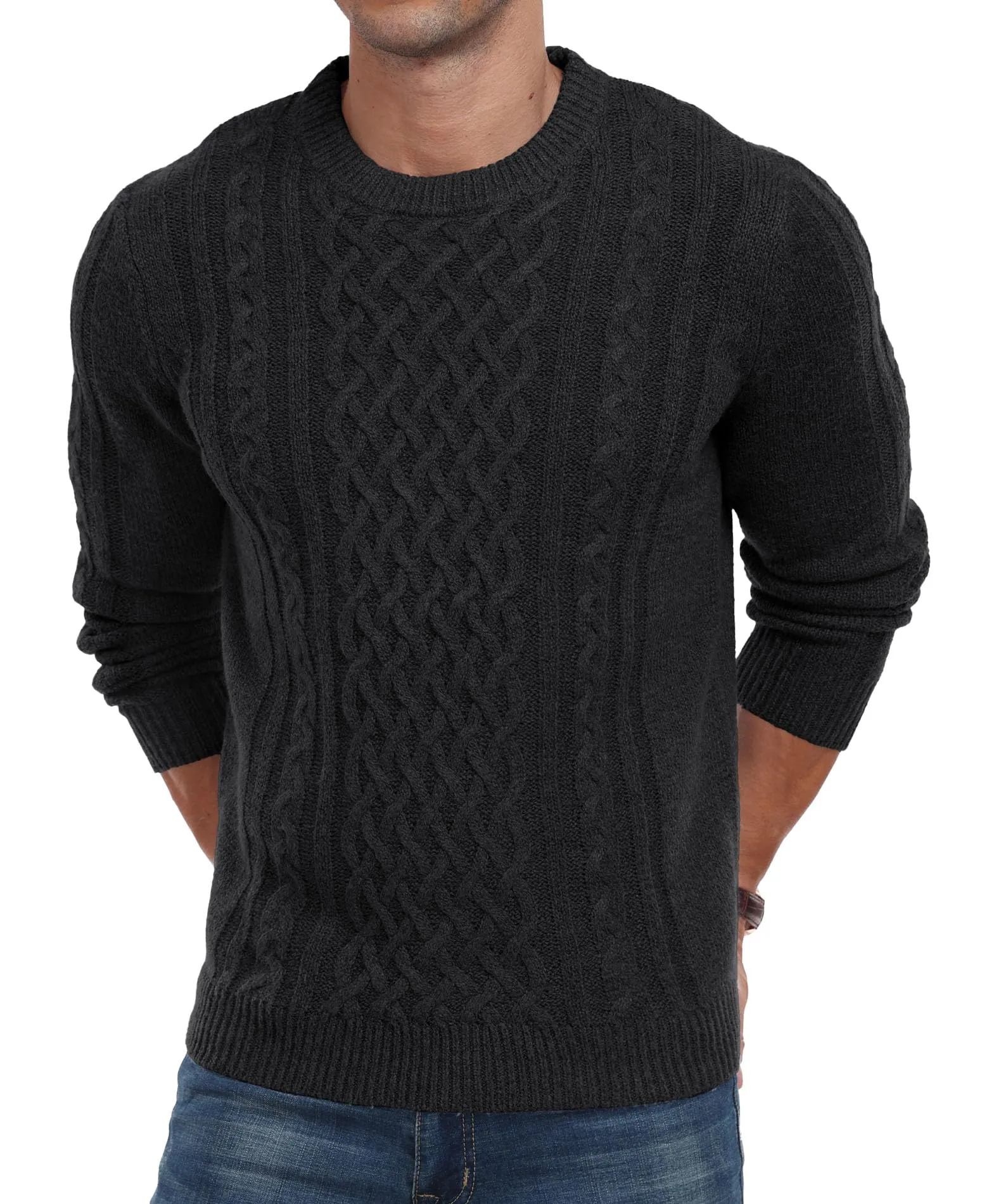 Askdeer Men's Fisherman Cable Crewneck Sweater Winter Casual Sweater for Men Knitted Pullover Sweaters with Ribbing Edge