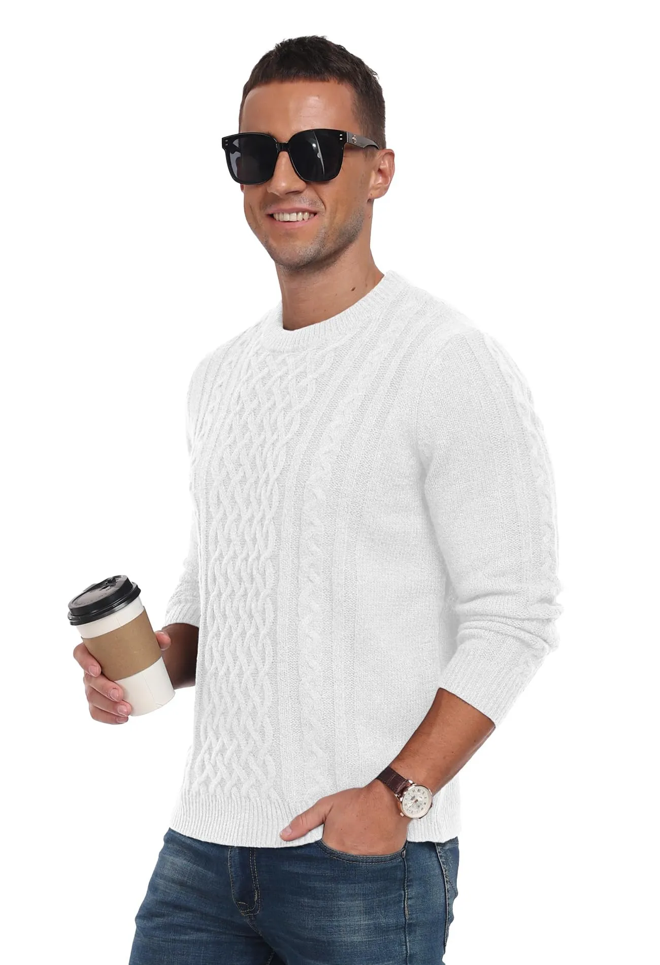 Askdeer Men's Fisherman Cable Crewneck Sweater Winter Casual Sweater for Men Knitted Pullover Sweaters with Ribbing Edge