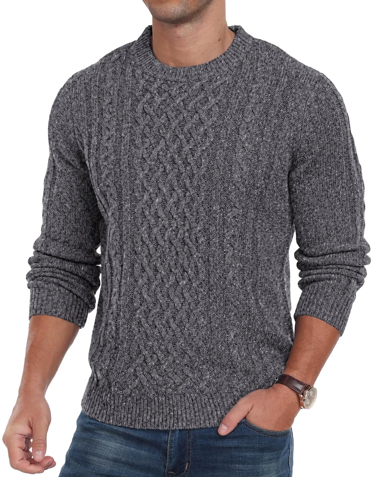 Askdeer Men's Fisherman Cable Crewneck Sweater Winter Casual Sweater for Men Knitted Pullover Sweaters with Ribbing Edge