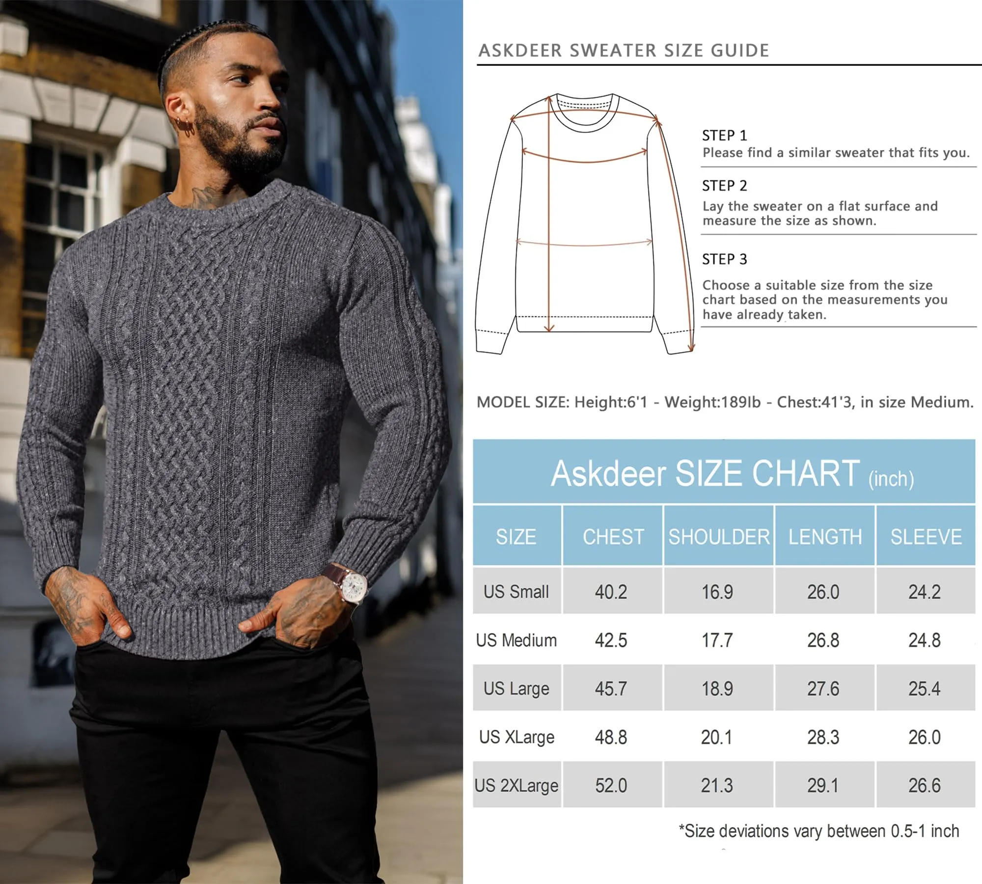 Askdeer Men's Fisherman Cable Crewneck Sweater Winter Casual Sweater for Men Knitted Pullover Sweaters with Ribbing Edge