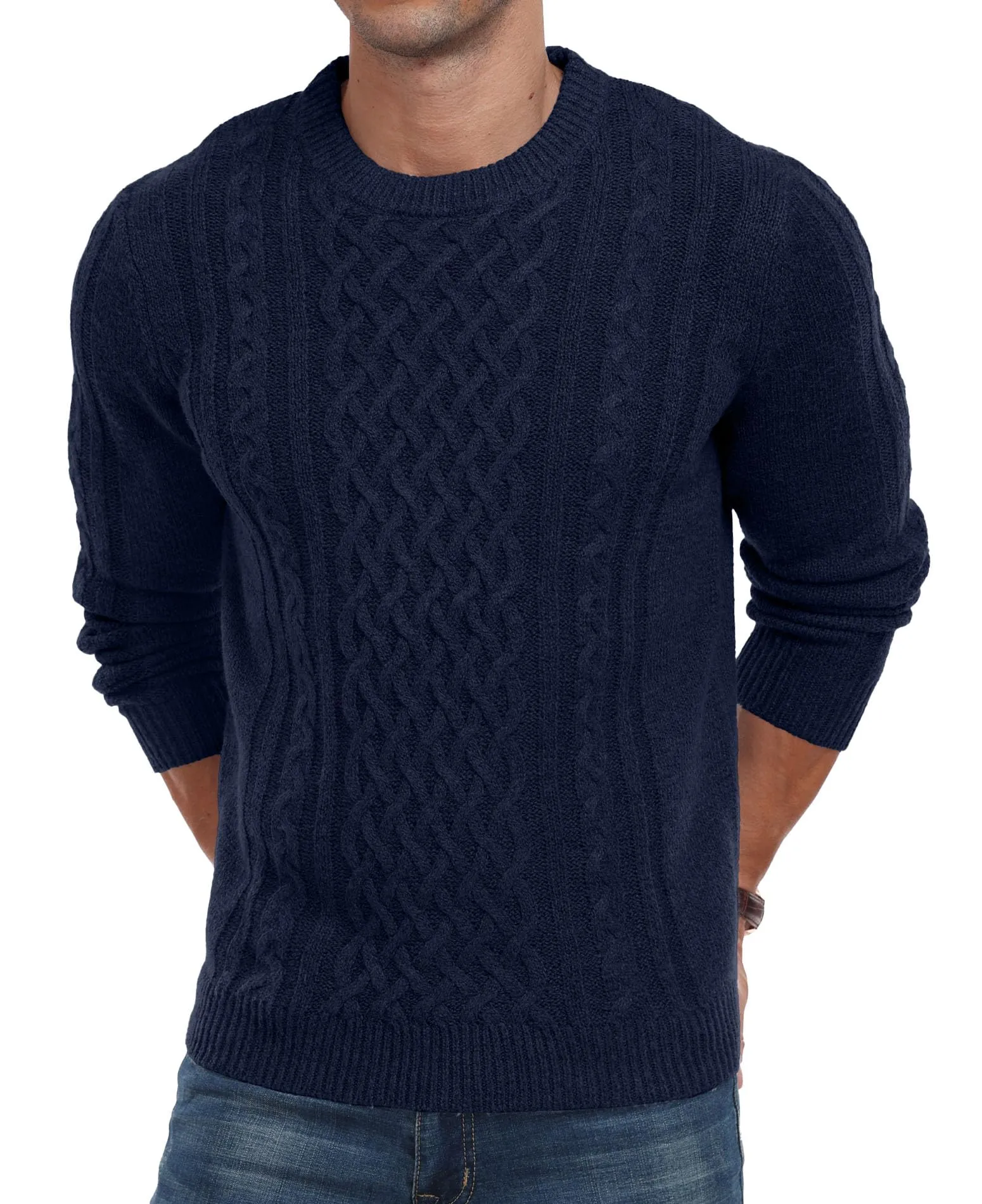 Askdeer Men's Fisherman Cable Crewneck Sweater Winter Casual Sweater for Men Knitted Pullover Sweaters with Ribbing Edge