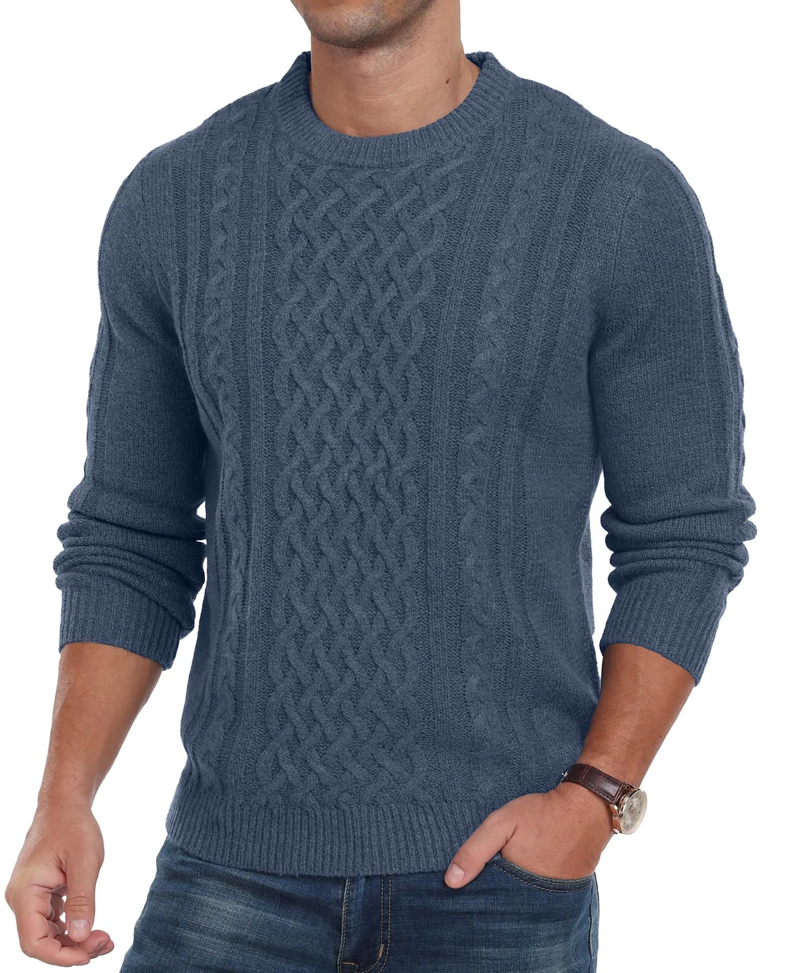 Askdeer Men's Fisherman Cable Crewneck Sweater Winter Casual Sweater for Men Knitted Pullover Sweaters with Ribbing Edge