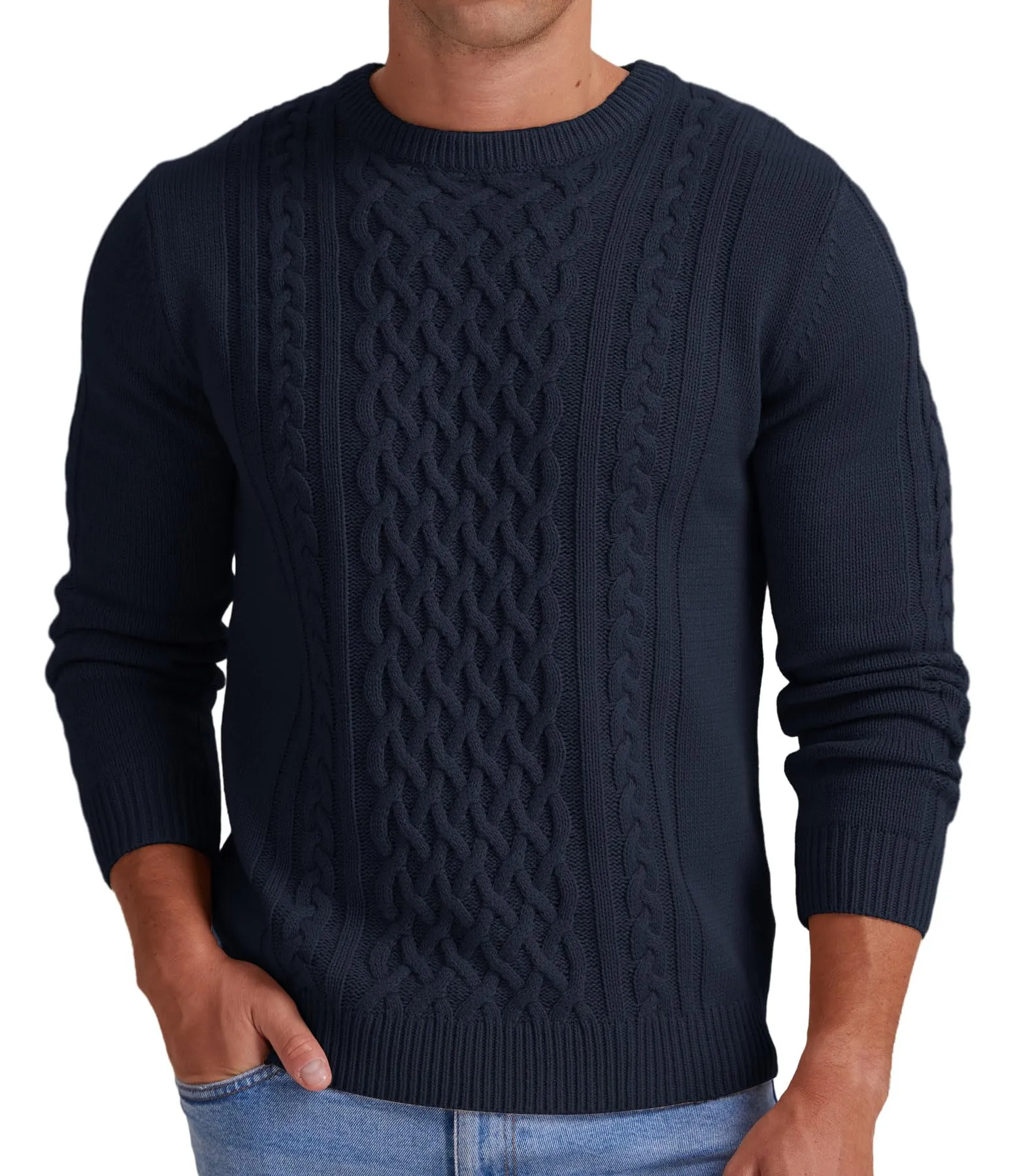 Askdeer Men's Fisherman Cable Crewneck Sweater Winter Casual Sweater for Men Knitted Pullover Sweaters with Ribbing Edge