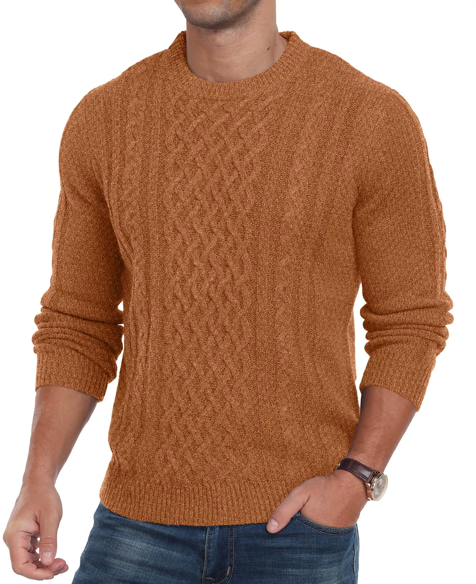 Askdeer Men's Fisherman Cable Crewneck Sweater Winter Casual Sweater for Men Knitted Pullover Sweaters with Ribbing Edge