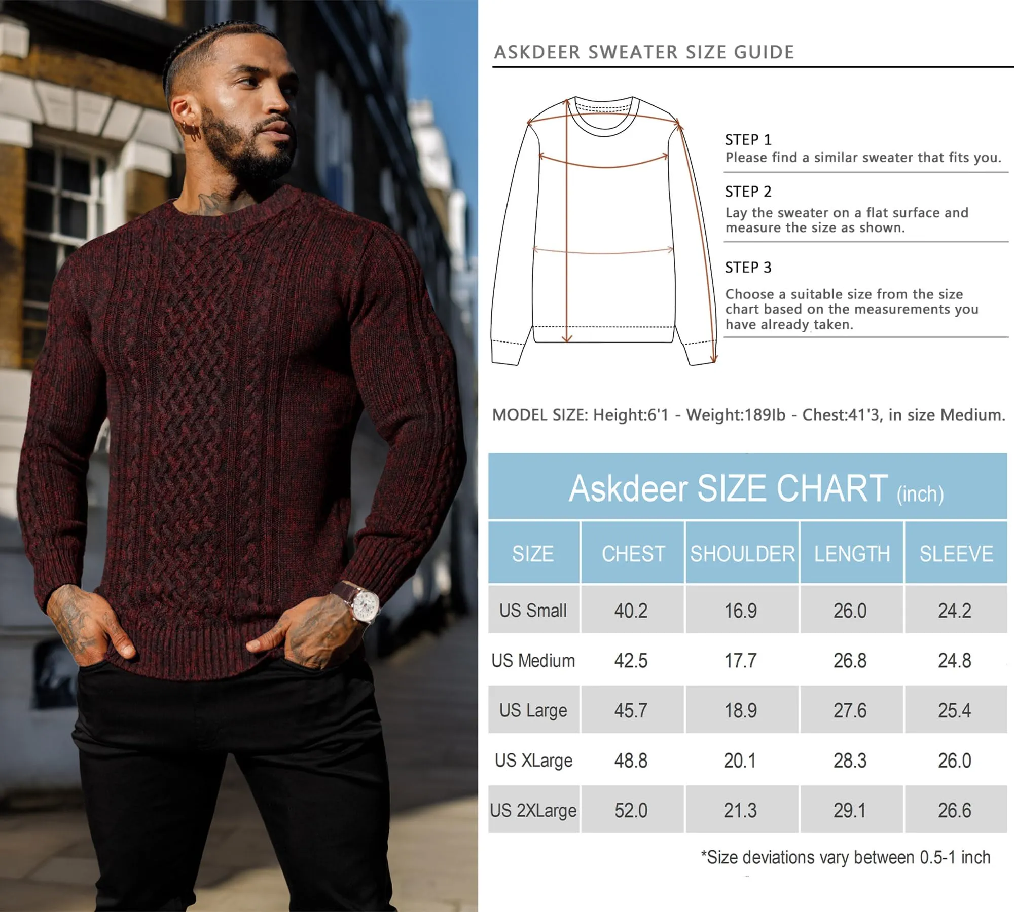 Askdeer Men's Fisherman Cable Crewneck Sweater Winter Casual Sweater for Men Knitted Pullover Sweaters with Ribbing Edge