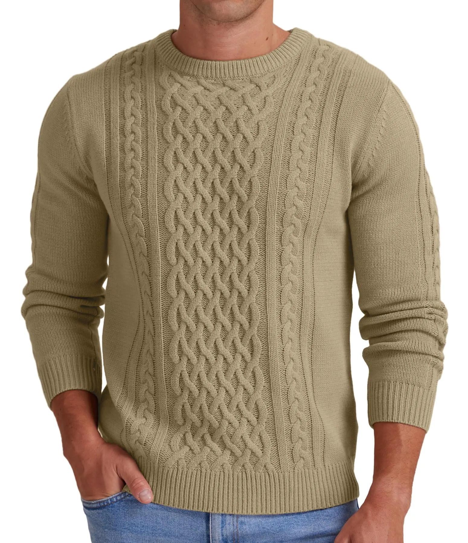 Askdeer Men's Fisherman Cable Crewneck Sweater Winter Casual Sweater for Men Knitted Pullover Sweaters with Ribbing Edge