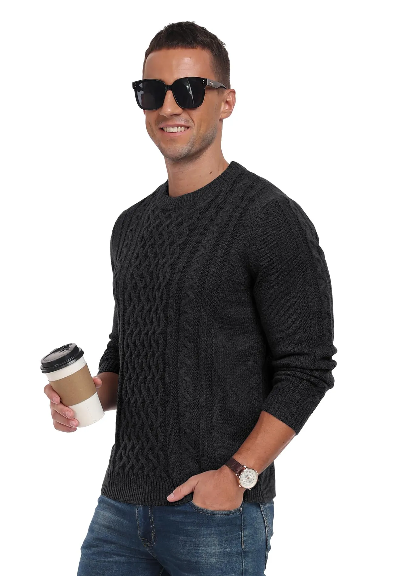 Askdeer Men's Fisherman Cable Crewneck Sweater Winter Casual Sweater for Men Knitted Pullover Sweaters with Ribbing Edge