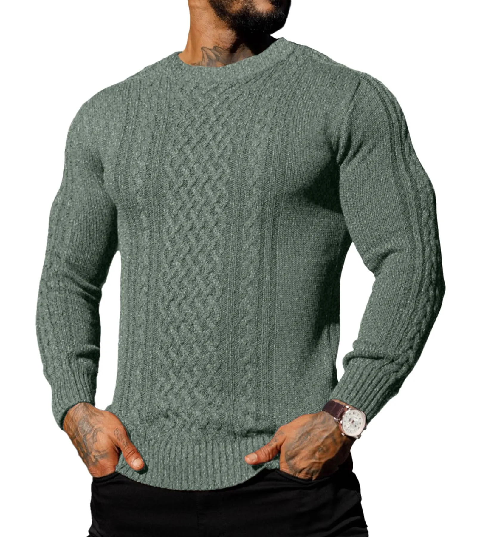 Askdeer Men's Fisherman Cable Crewneck Sweater Winter Casual Sweater for Men Knitted Pullover Sweaters with Ribbing Edge