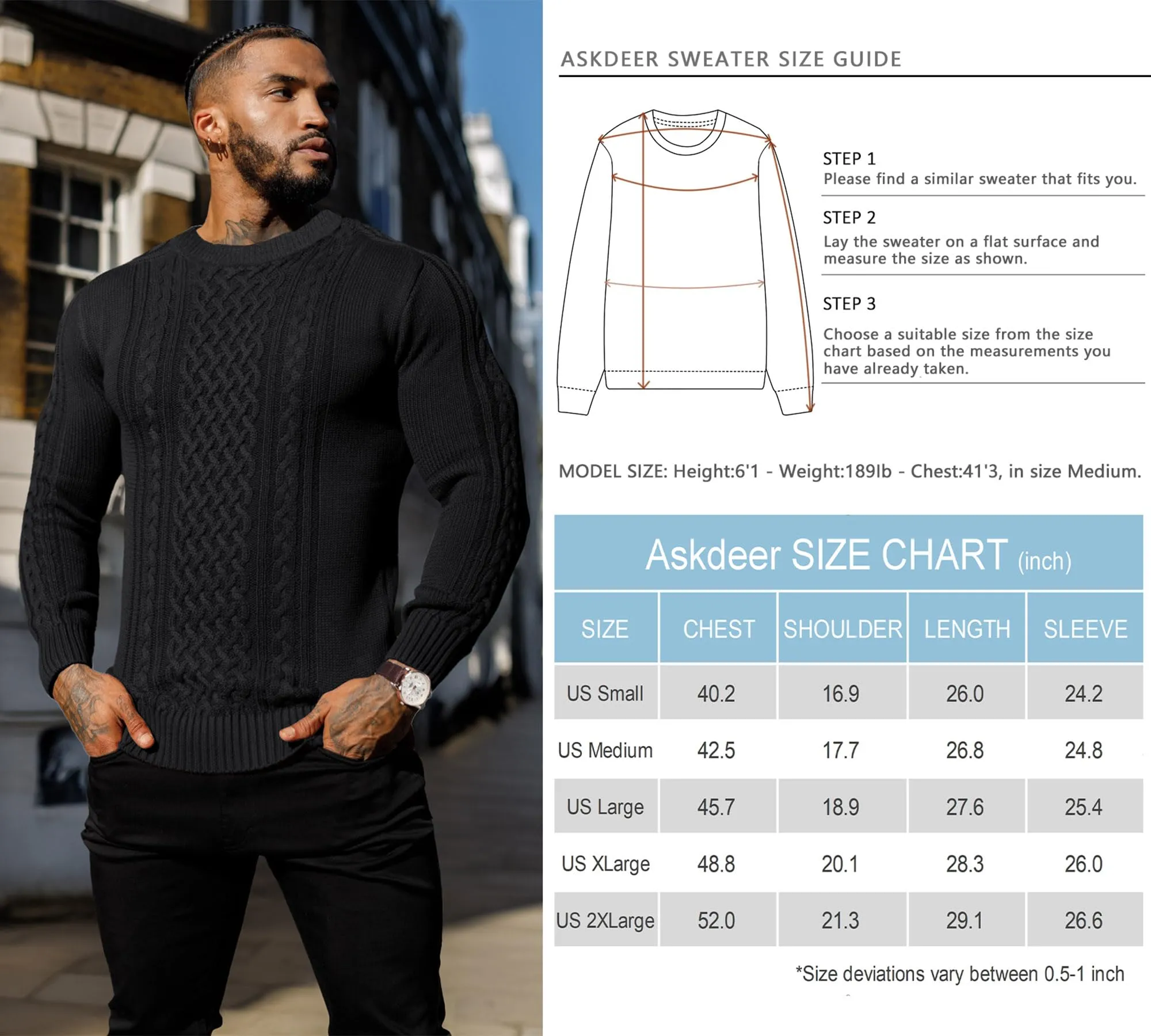 Askdeer Men's Fisherman Cable Crewneck Sweater Winter Casual Sweater for Men Knitted Pullover Sweaters with Ribbing Edge