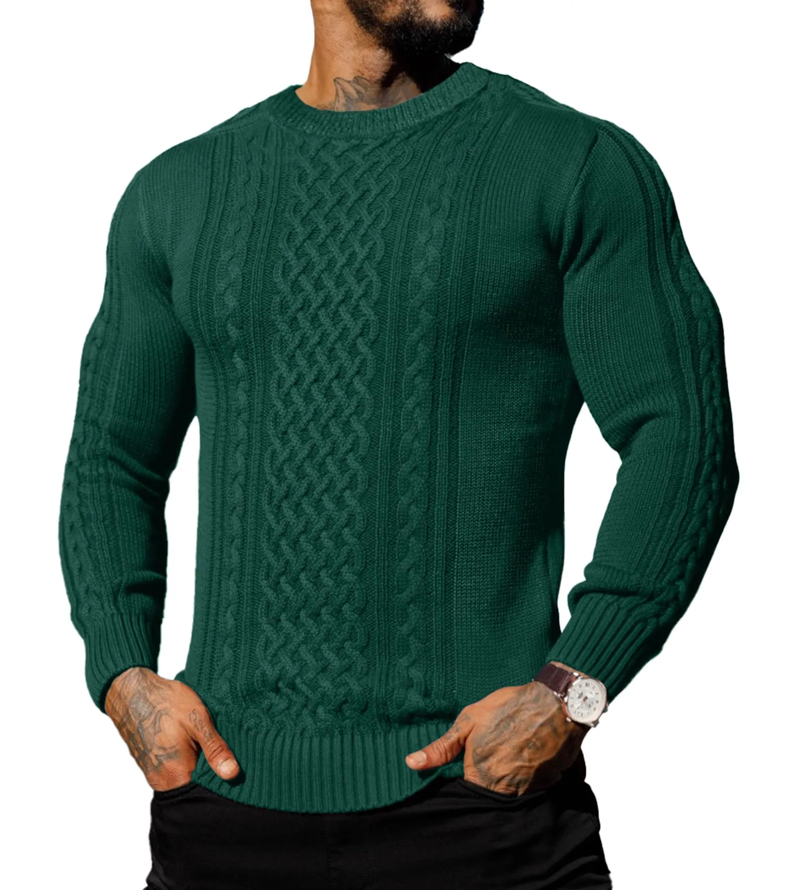 Askdeer Men's Fisherman Cable Crewneck Sweater Winter Casual Sweater for Men Knitted Pullover Sweaters with Ribbing Edge