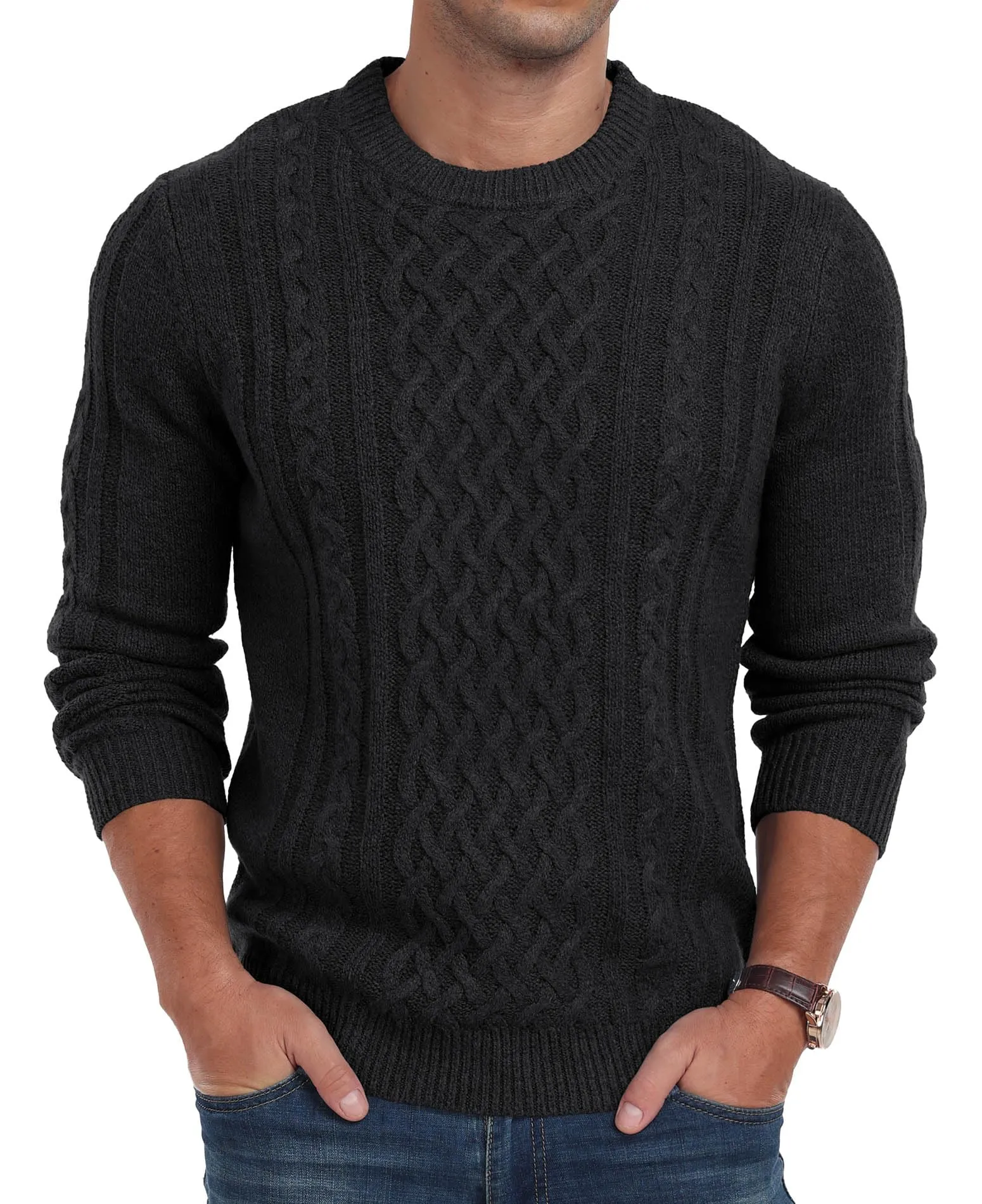 Askdeer Men's Fisherman Cable Crewneck Sweater Winter Casual Sweater for Men Knitted Pullover Sweaters with Ribbing Edge