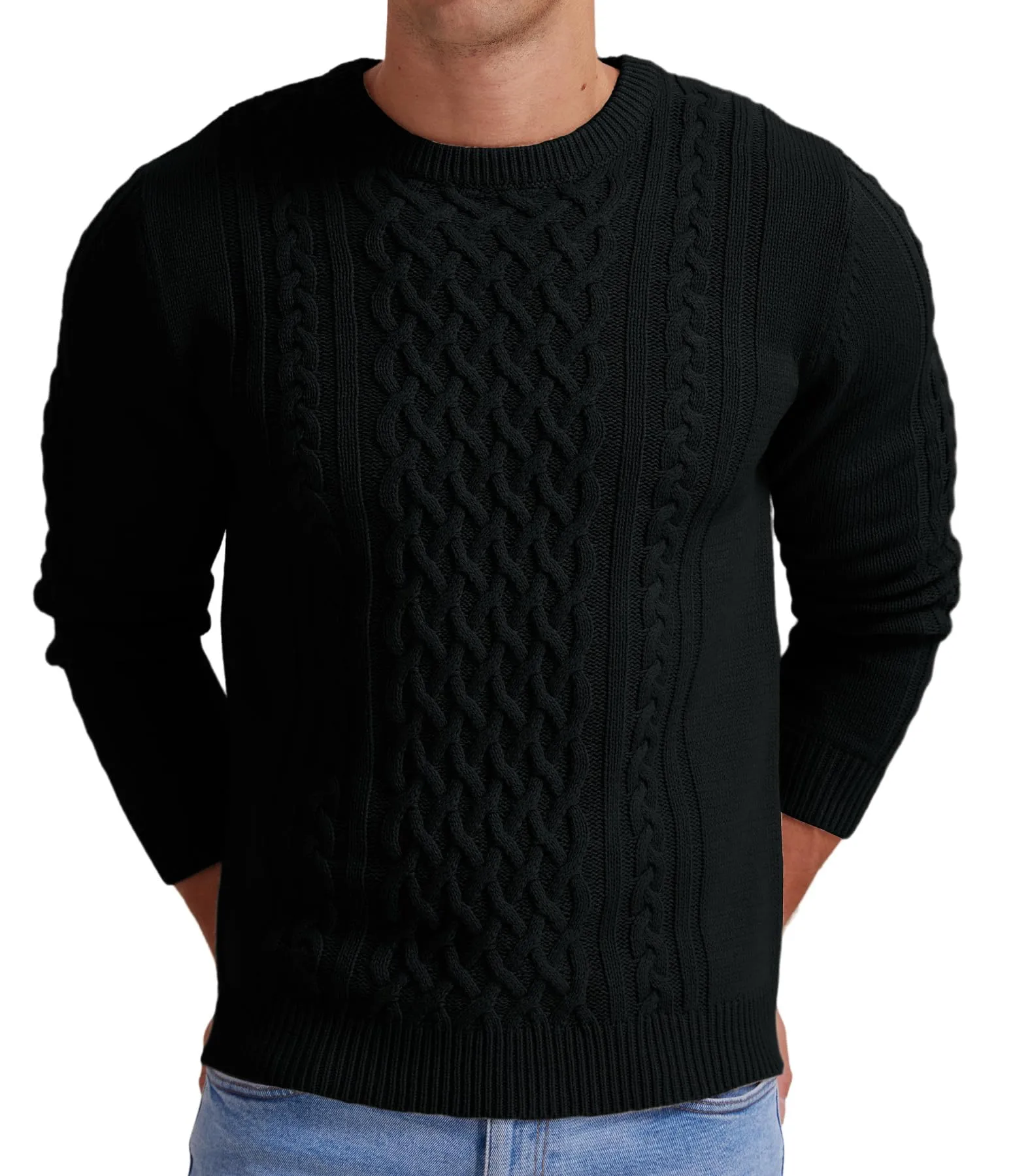 Askdeer Men's Fisherman Cable Crewneck Sweater Winter Casual Sweater for Men Knitted Pullover Sweaters with Ribbing Edge