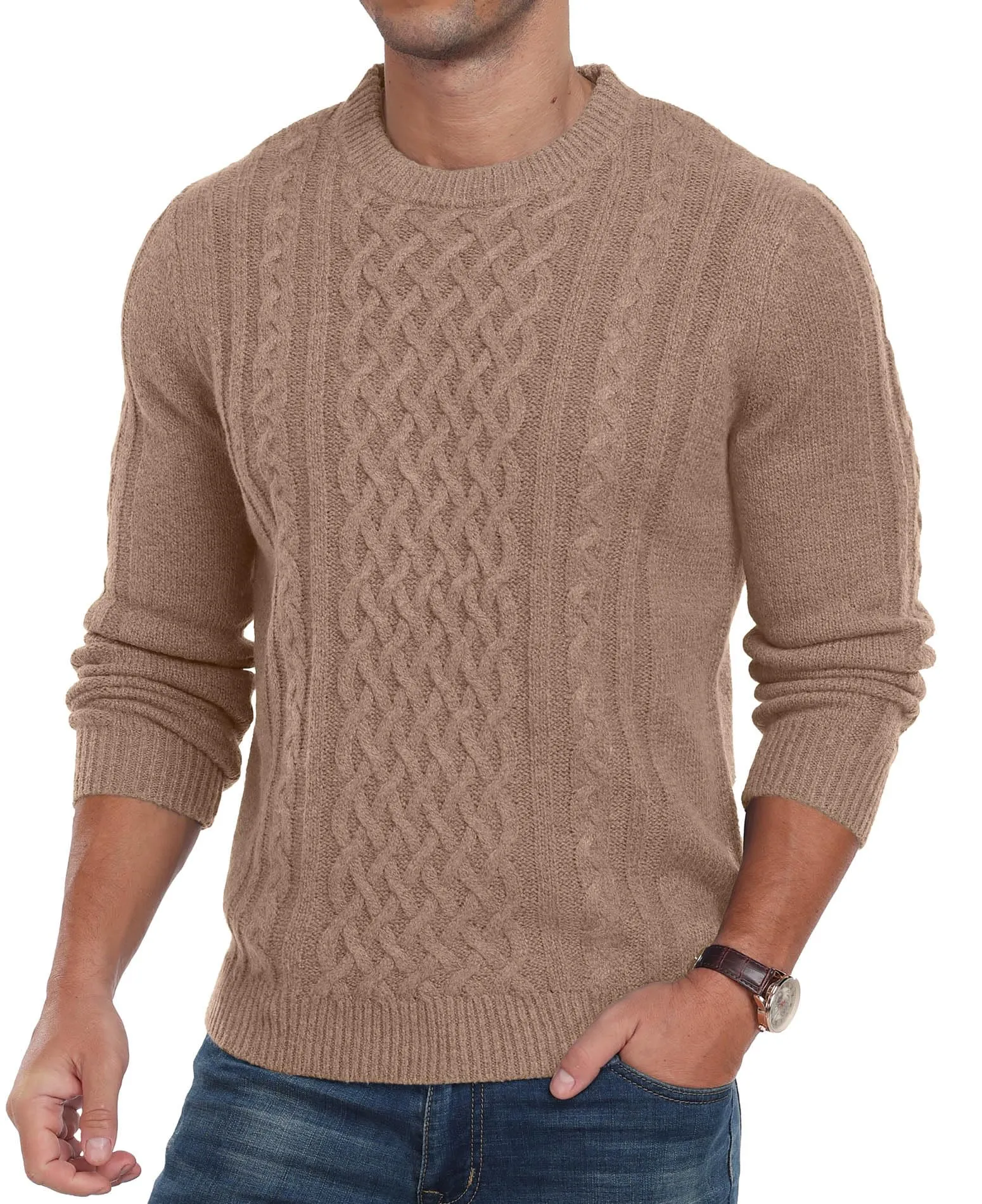 Askdeer Men's Fisherman Cable Crewneck Sweater Winter Casual Sweater for Men Knitted Pullover Sweaters with Ribbing Edge