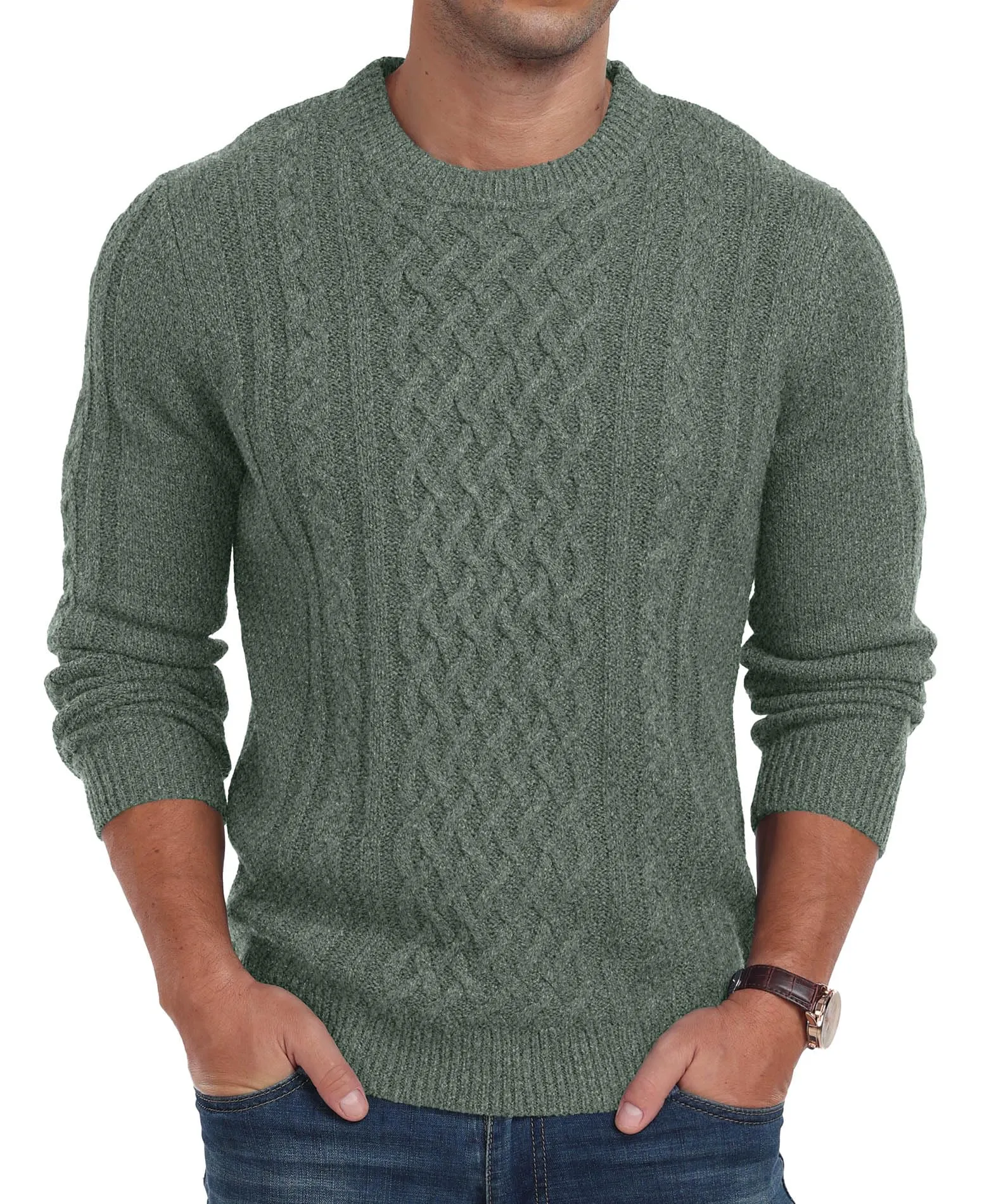 Askdeer Men's Fisherman Cable Crewneck Sweater Winter Casual Sweater for Men Knitted Pullover Sweaters with Ribbing Edge