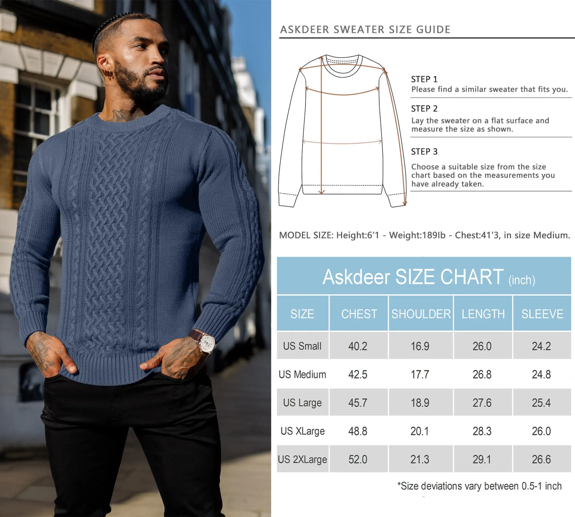 Askdeer Men's Fisherman Cable Crewneck Sweater Winter Casual Sweater for Men Knitted Pullover Sweaters with Ribbing Edge