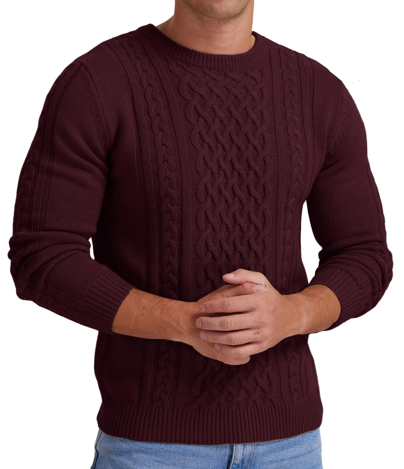 Askdeer Men's Fisherman Cable Crewneck Sweater Winter Casual Sweater for Men Knitted Pullover Sweaters with Ribbing Edge