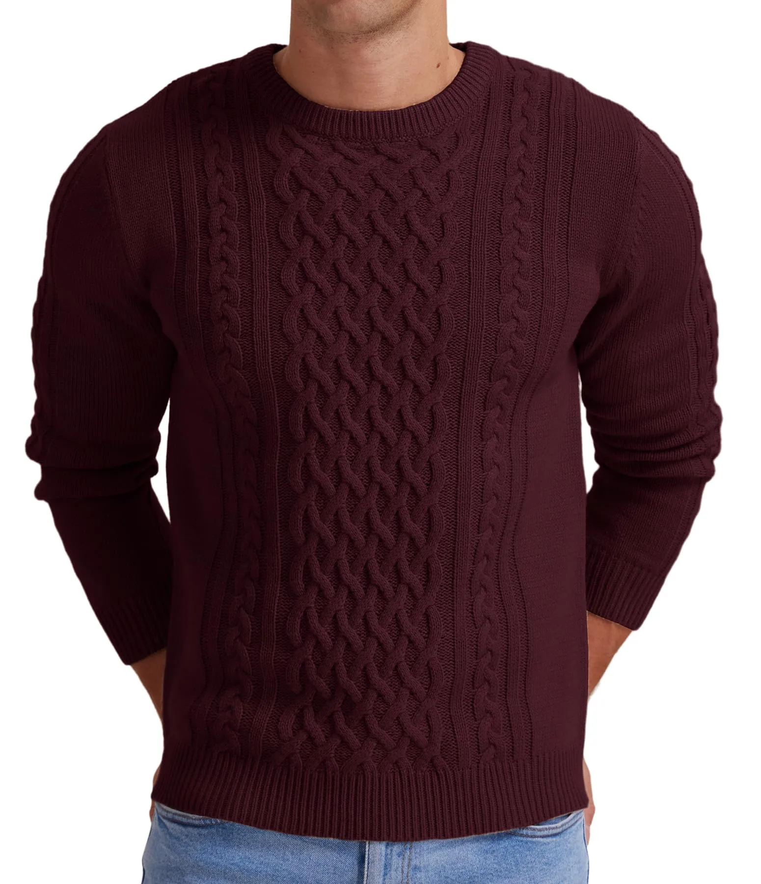 Askdeer Men's Fisherman Cable Crewneck Sweater Winter Casual Sweater for Men Knitted Pullover Sweaters with Ribbing Edge