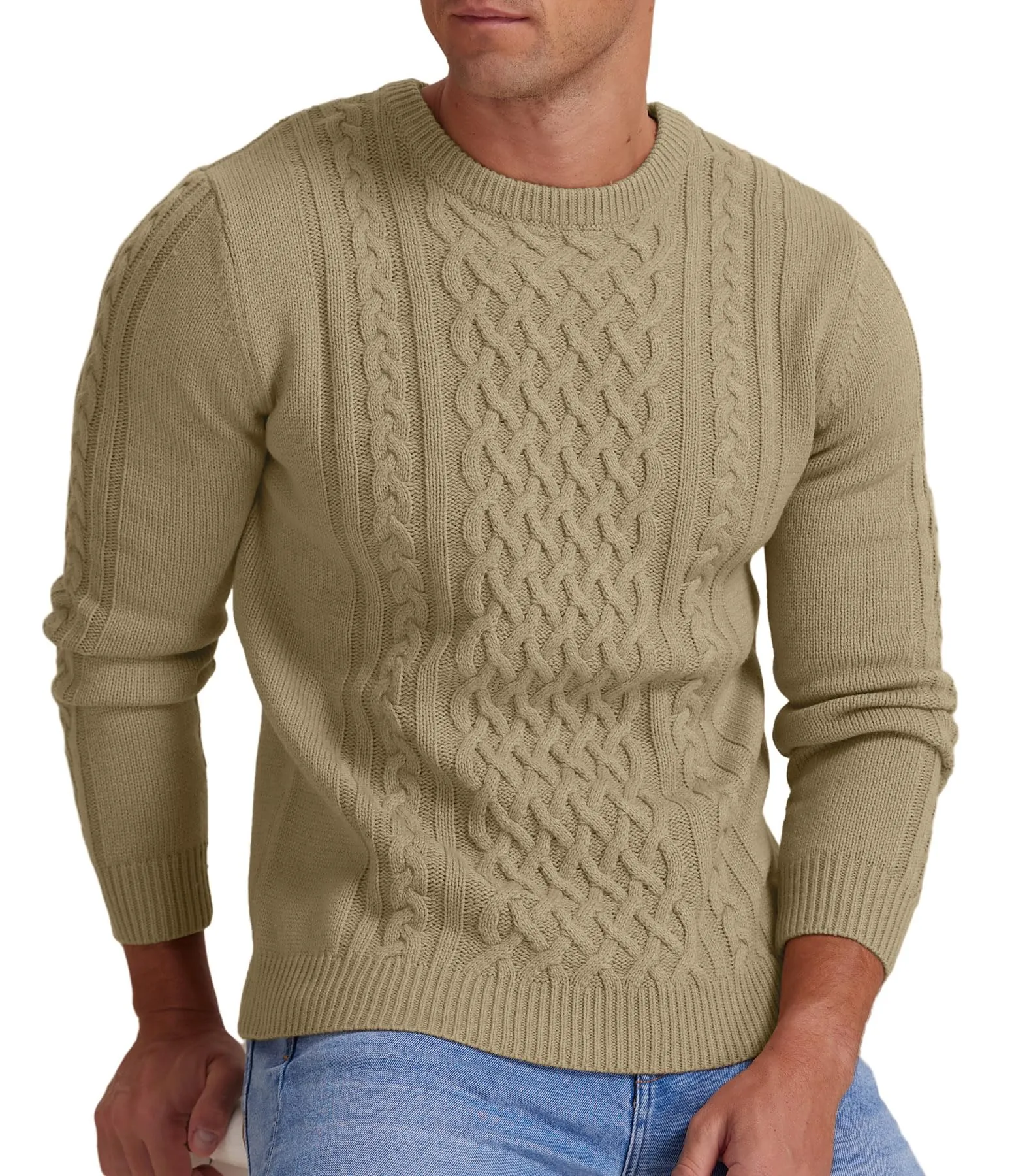 Askdeer Men's Fisherman Cable Crewneck Sweater Winter Casual Sweater for Men Knitted Pullover Sweaters with Ribbing Edge