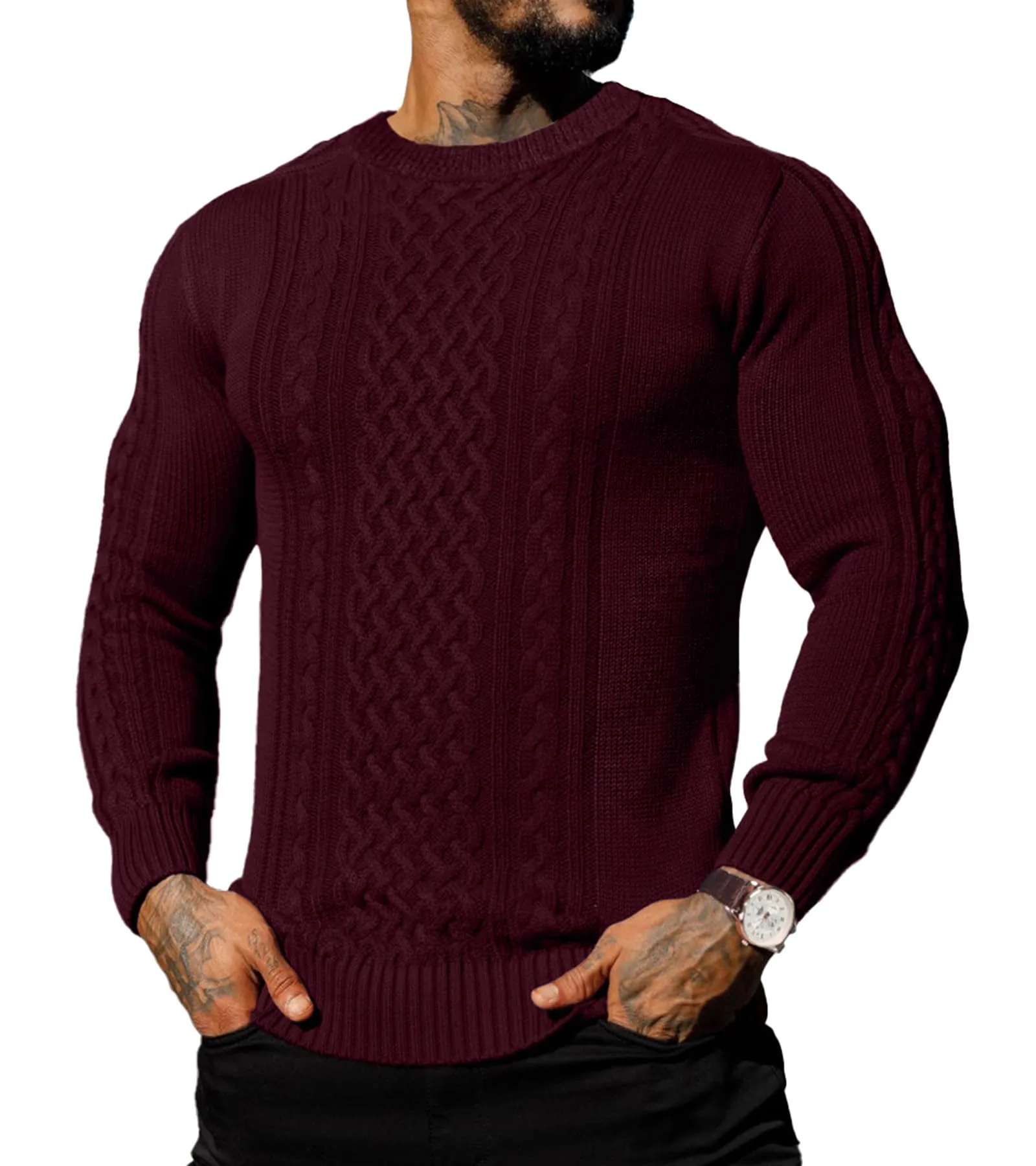 Askdeer Men's Fisherman Cable Crewneck Sweater Winter Casual Sweater for Men Knitted Pullover Sweaters with Ribbing Edge