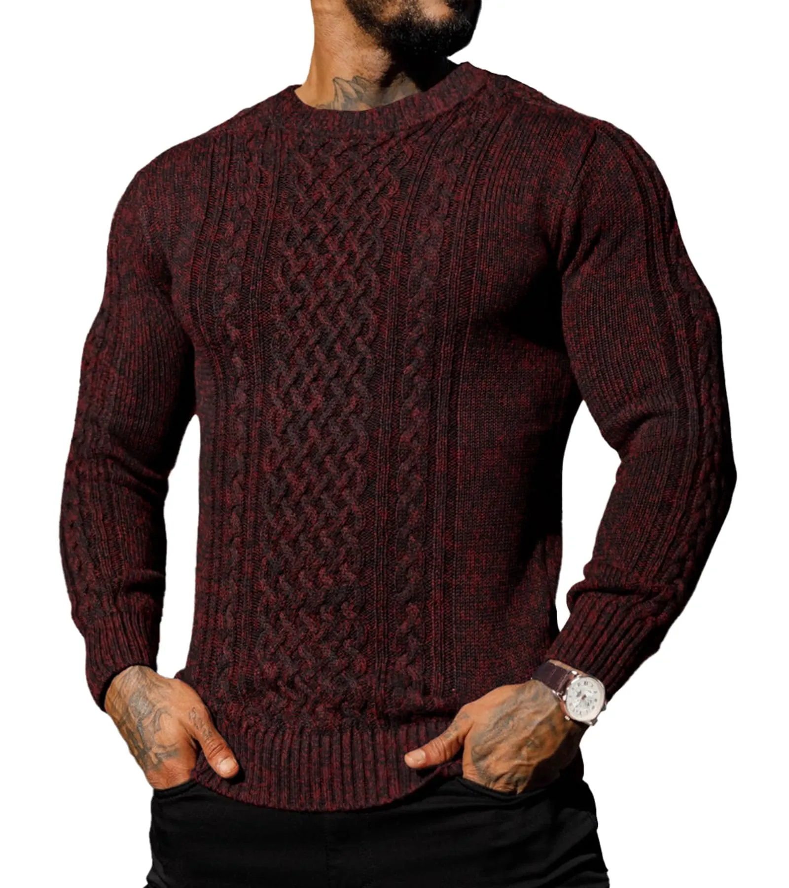 Askdeer Men's Fisherman Cable Crewneck Sweater Winter Casual Sweater for Men Knitted Pullover Sweaters with Ribbing Edge