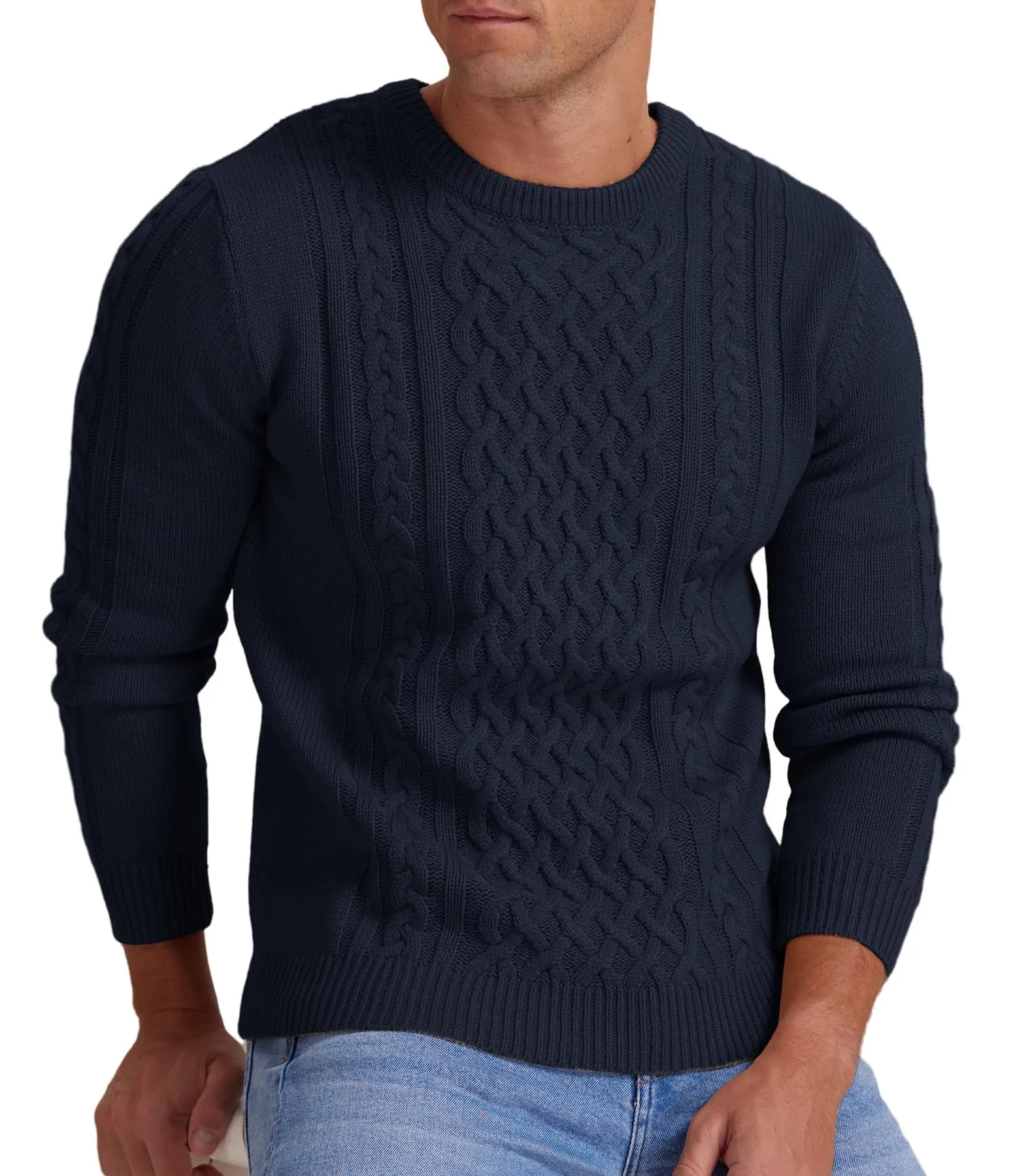 Askdeer Men's Fisherman Cable Crewneck Sweater Winter Casual Sweater for Men Knitted Pullover Sweaters with Ribbing Edge