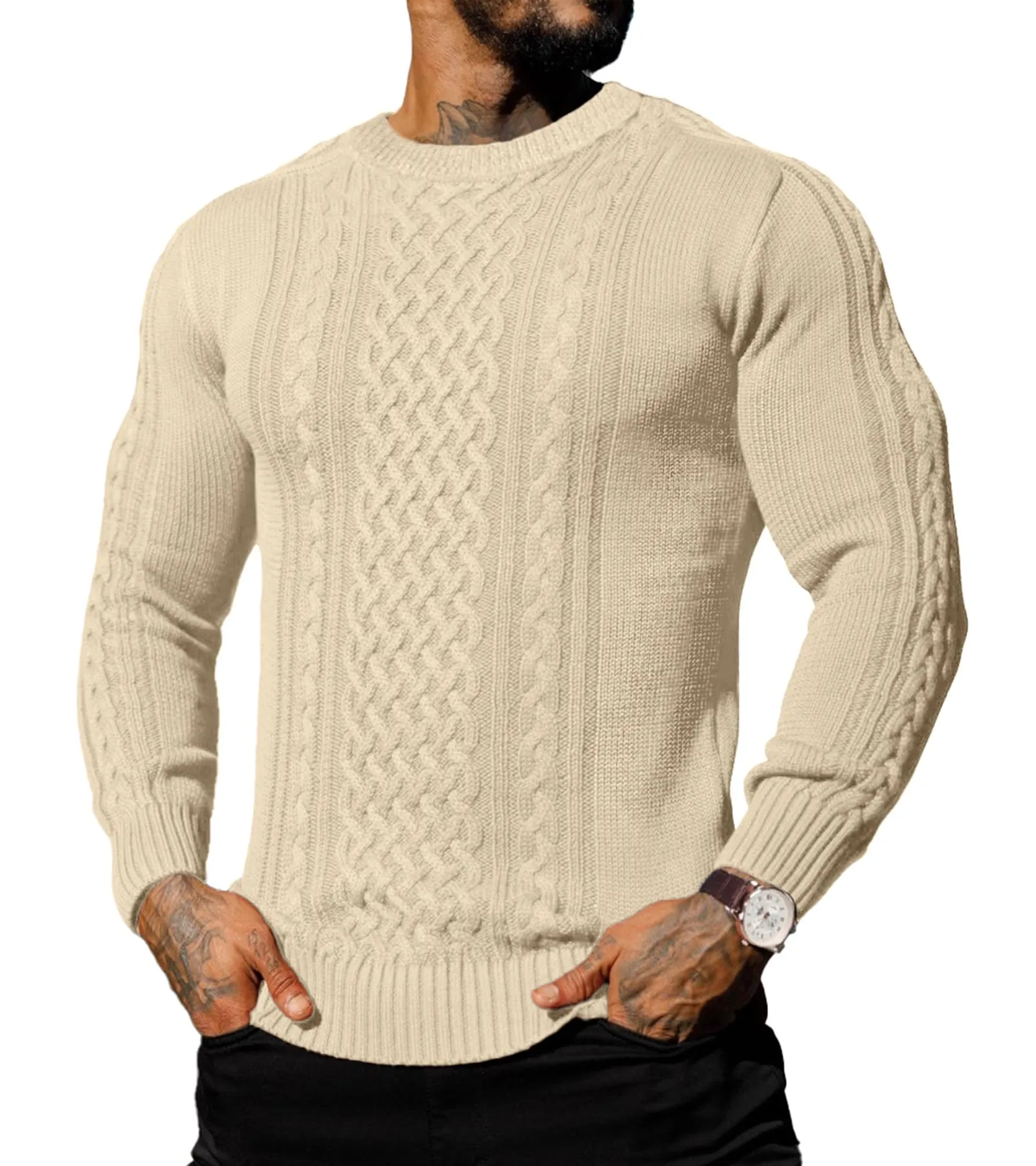 Askdeer Men's Fisherman Cable Crewneck Sweater Winter Casual Sweater for Men Knitted Pullover Sweaters with Ribbing Edge