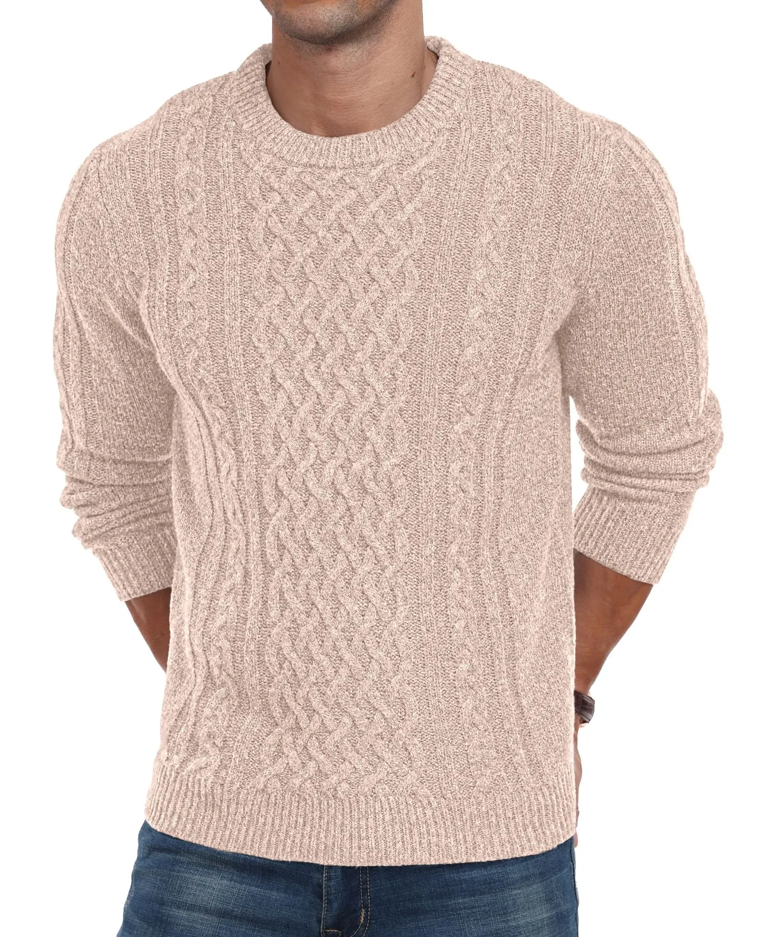 Askdeer Men's Fisherman Cable Crewneck Sweater Winter Casual Sweater for Men Knitted Pullover Sweaters with Ribbing Edge