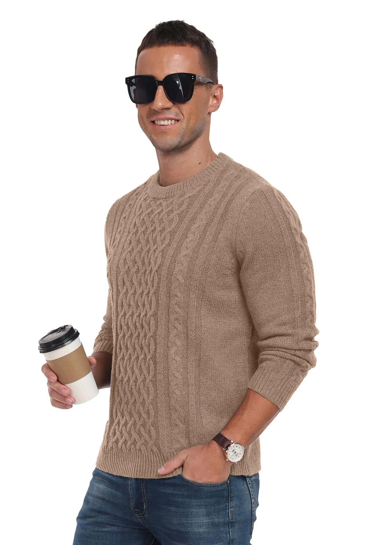 Askdeer Men's Fisherman Cable Crewneck Sweater Winter Casual Sweater for Men Knitted Pullover Sweaters with Ribbing Edge