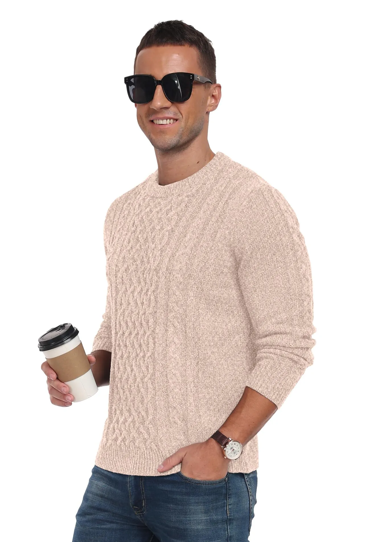 Askdeer Men's Fisherman Cable Crewneck Sweater Winter Casual Sweater for Men Knitted Pullover Sweaters with Ribbing Edge