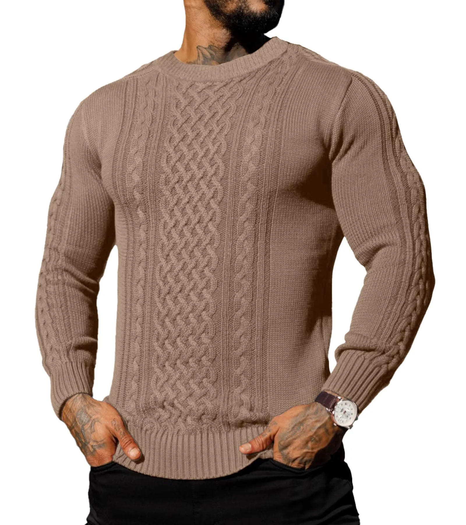 Askdeer Men's Fisherman Cable Crewneck Sweater Winter Casual Sweater for Men Knitted Pullover Sweaters with Ribbing Edge