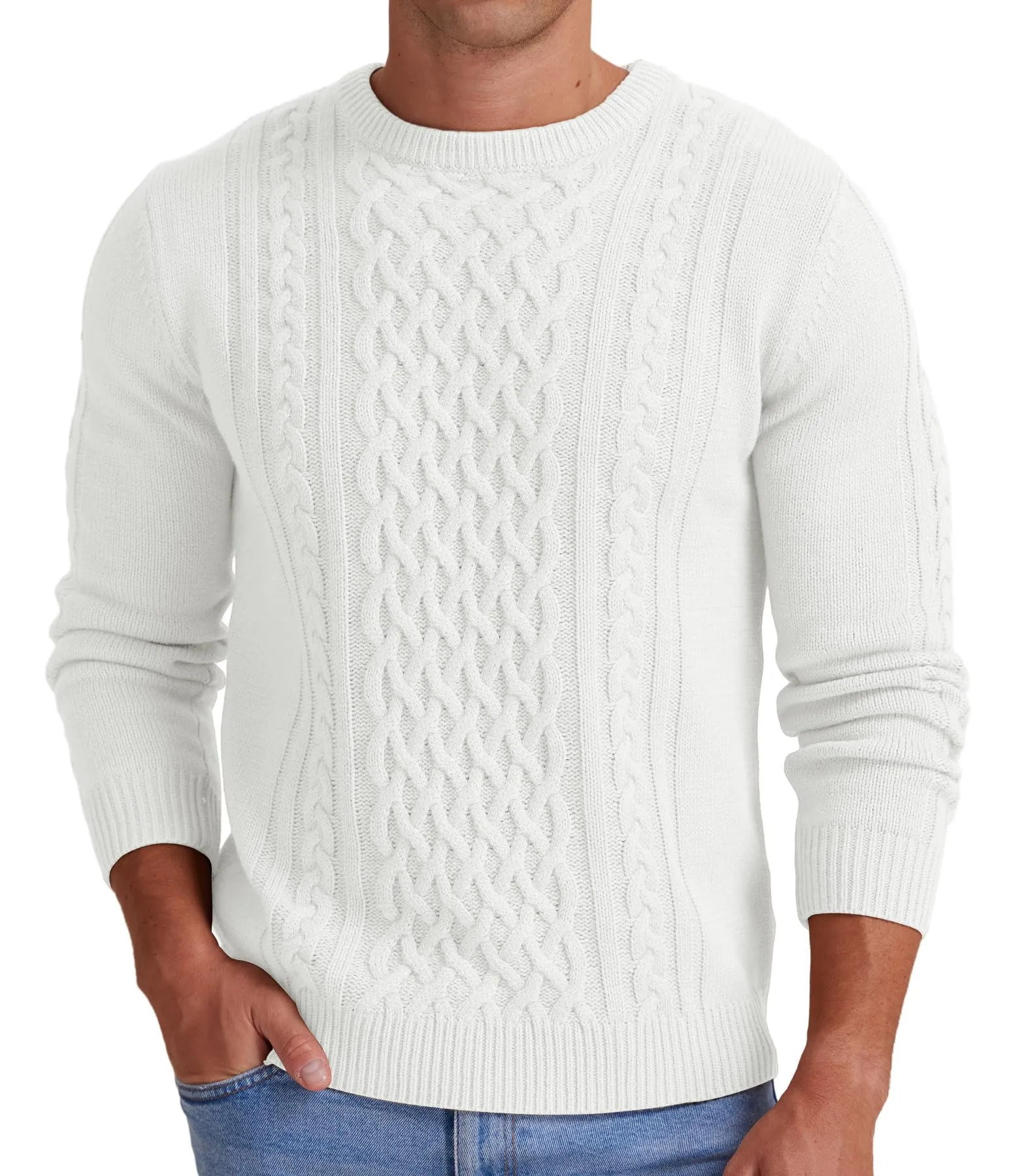 Askdeer Men's Fisherman Cable Crewneck Sweater Winter Casual Sweater for Men Knitted Pullover Sweaters with Ribbing Edge