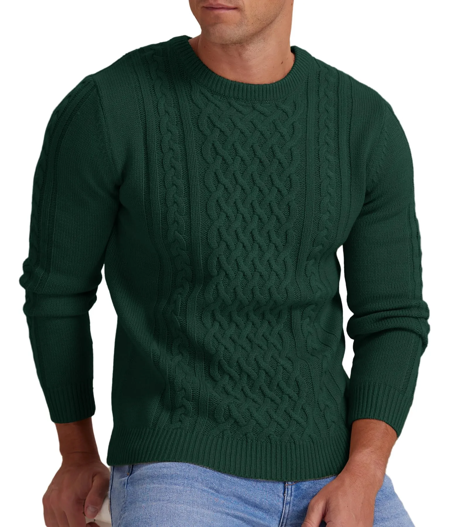 Askdeer Men's Fisherman Cable Crewneck Sweater Winter Casual Sweater for Men Knitted Pullover Sweaters with Ribbing Edge