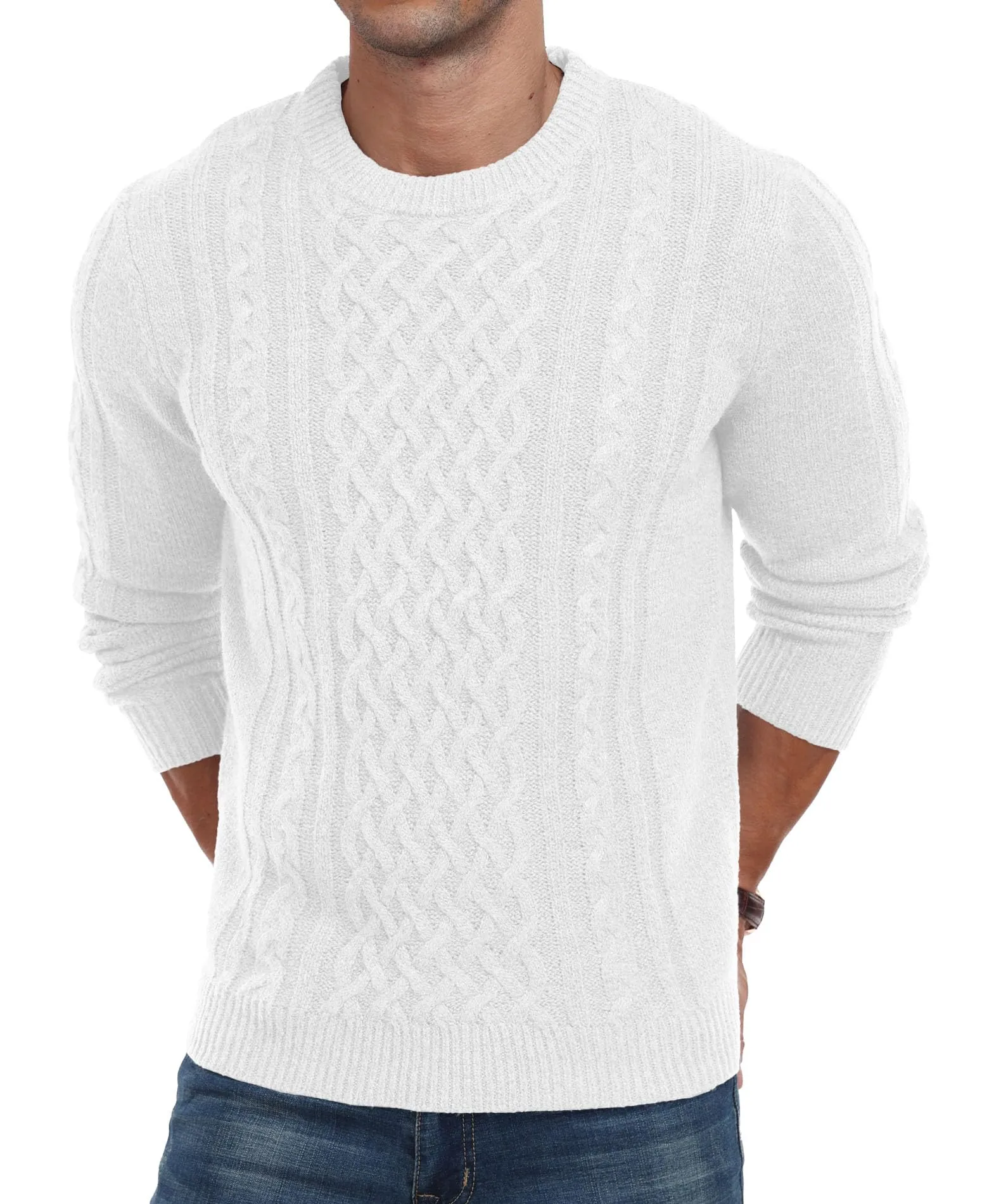 Askdeer Men's Fisherman Cable Crewneck Sweater Winter Casual Sweater for Men Knitted Pullover Sweaters with Ribbing Edge