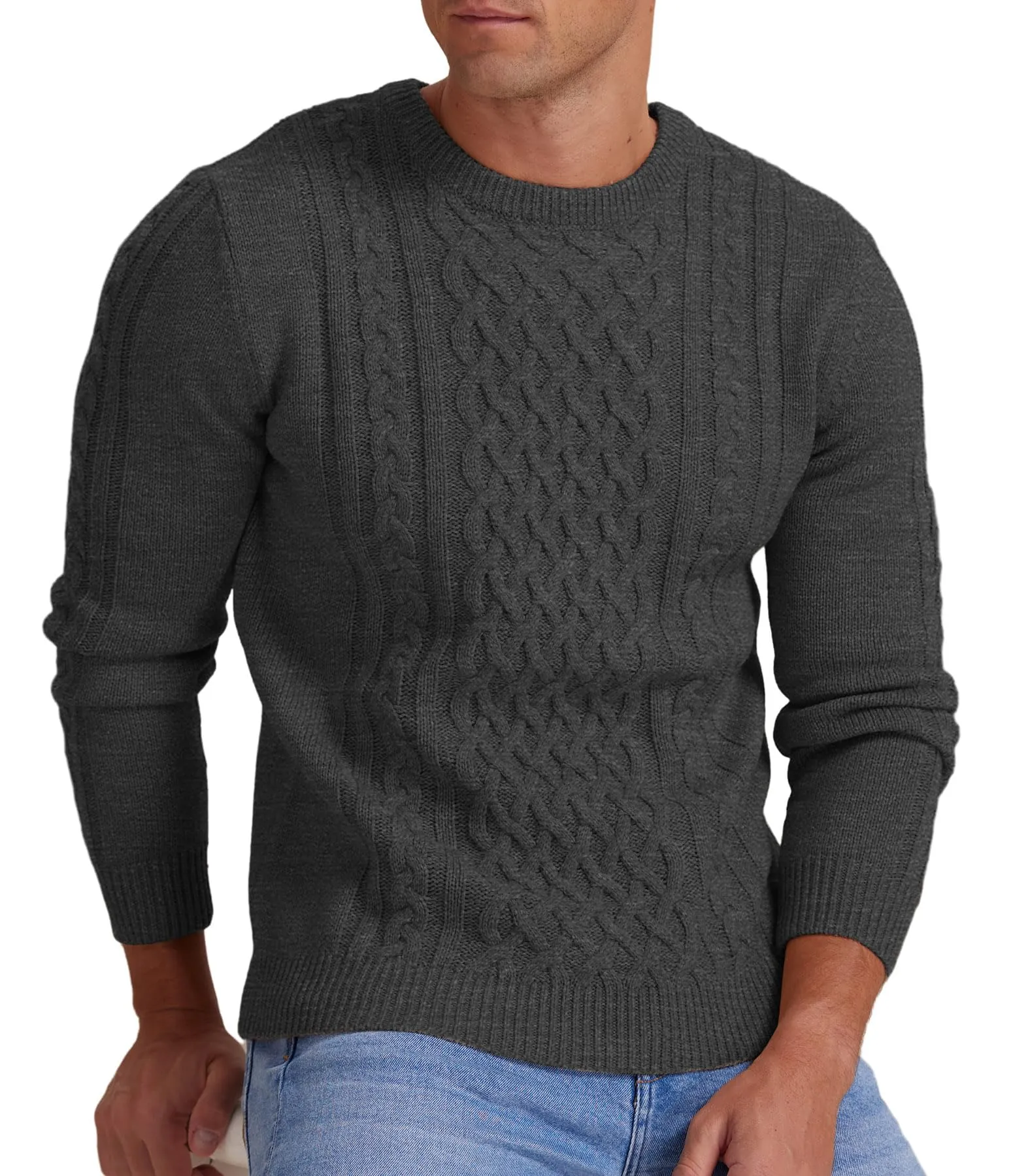 Askdeer Men's Fisherman Cable Crewneck Sweater Winter Casual Sweater for Men Knitted Pullover Sweaters with Ribbing Edge